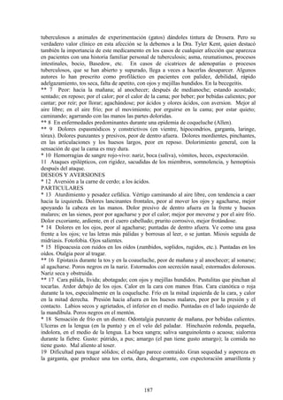 tuberculosos a animales de experimentación (gatos) dándoles tintura de Drosera. Pero su
verdadero valor clínico en esta afección se la debemos a la Dra. Tyler Kent, quien destacó
también la importancia de este medicamento en los casos de cualquier afección que aparezca
en pacientes con una historia familiar personal de tuberculosis; asma, reumatismos, procesos
intestinales, bocio, Basedow, etc. En casos de cicatrices de adenopatías o procesos
tuberculosos, que se han abierto y supurado, llega a veces a hacerlas desaparcer. Algunos
autores lo han prescrito como profiláctico en pacientes con palidez, debilidad, rápido
adelgazamiento, tos seca, falta de apetito, con ojos y mejillas hundidos. En la becegeítis.
** 7 Peor: hacia la mañana; al anochecer; después de medianoche; estando acostado;
sentado; en reposo; por el calor; por el calor de la cama; por beber; por bebidas calientes; por
cantar; por reír; por llorar; agachándose; por ácidos y olores ácidos, con aversion. Mejor al
aire libre; en el aire frío; por el movimiento; por erguirse en la cama; por estar quieto;
caminando; agarrando con las manos las partes doloridas.
** 8 En enfermedades predominantes durante una epidemia de coqueluche (Allen).
** 9 Dolores espasmódicos y constrictivos (en vientre, hipocondrios, garganta, laringe,
tórax). Dolores punzantes y presivos, peor de dentro afuera. Dolores mordientes, pinchantes,
en las articulaciones y los huesos largos, peor en reposo. Dolorimiento general, con la
sensación de que la cama es muy dura.
* 10 Hemorragias de sangre rojo-vivo: nariz, boca (saliva), vómitos, heces, expectoración.
11 Ataques epilépticos, con rigidez, sacudidas de los miembros, somnolencia, y hemoptisis
después del ataque.
DESEOS Y AVERSIONES
* 12 Aversión a la carne de cerdo; a los ácidos.
PARTICULARES
* 13 Aturdimiento y pesadez cefálica. Vértigo caminando al aire libre, con tendencia a caer
hacia la izquierda. Dolores lancinantes frontales, peor al mover los ojos y agacharse, mejor
apoyando la cabeza en las manos. Dolor presivo de dentro afuera en la frente y huesos
malares; en las sienes, peor por agacharse y por el calor; mejor por moverse y por el aire frío.
Dolor excoriante, ardiente, en el cuero cabelludo; prurito corrosivo, mejor frotándose.
* 14 Dolores en los ojos, peor al agacharse; puntadas de dentro afuera. Ve como una gasa
frente a los ojos; ve las letras más pálidas y borrosas al leer, o se juntan. Miosis seguida de
midriasis. Fotofobia. Ojos salientes.
* 15 Hipoacusia con ruidos en los oídos (zumbidos, soplidos, rugidos, etc.). Puntadas en los
oídos. Otalgia peor al tragar.
** 16 Epistaxis durante la tos y en la coaueluche, peor de mañana y al anochecer; al sonarse;
al agacharse. Poros negros en la nariz. Estornudos con secreción nasal; estornudos dolorosos.
Nariz seca y obstruida.
** 17 Cara pálida, lívida; abotagado; con ojos y mejillas hundidos. Pustulitas que pinchan al
tocarlas. Ardor debajo de los ojos. Calor en la cara con manos frías. Cara cianótica o roja
durante la tos, especialmente en la coqueluche. Frío en la mitad izquierda de la cara, y calor
en la mitad derecha. Presión hacia afuera en los huesos malares, peor por la presión y el
contacto. Labios secos y agrietados, el inferior en el medio. Puntadas en el lado izquierdo de
la mandíbula. Poros negros en el mentón.
* 18 Sensación de frío en un diente. Odontalgia punzante de mañana, por bebidas calientes.
Ulceras en la lengua (en la punta) y en el velo del paladar. Hinchazón redonda, pequeña,
indolora, en el medio de la lengua. La boca sangra; saliva sanguinolenta o acuosa; sialorrea
durante la fiebre. Gusto: pútrido, a pus; amargo (el pan tiene gusto amargo); la comida no
tiene gusto. Mal aliento al toser.
19 Dificultad para tragar sólidos; el esófago parece contraído. Gran sequedad y aspereza en
la garganta, que produce una tos corta, dura, desgarrante, con expectoración amarillenta y
187
 