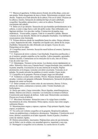 * 7 Mareos al agacharse. Cefalea presiva frontal, de arriba abajo, como por
una piedra. Dolor desgarrante de nuca a frente. Dolorimiento occipital; como
shocks. Torpeza en el lado derecho de la cabeza. Frío en el vértex. Picazon en
la cabeza y muslos. Sensación de ondulación bajo el cuero cabelludo;
cosquilleo. Sacudidas; pulsaciónes y calor en la cabeza. Promueve el
crecimiento del cabello.
* 8 Dolor en el ojo derecho. Sensación de ojos hundidos profundamente en la
cabeza, o como si algo fuera a salir del globo ocular. Ojos inflamados con
lágrimeo profuso. Los ojos dan vueltas. Contracción de pupilas muy
midriáticas. Vision turbia, ceguera. Todo lo ve amarillo o pálido. Moscas
volantes en el ojo derecho. Bordes de los párpados hinchados. Una habitación
oscura parece estar iluminada.
* 9 Tironeo doloroso desde las mandíbulas hasta los oídos. Orejas calientes
y rojas. Supuración del oído. Ampollas con líquido acre, detrás de las orejas.
Zumbidos. Sensación de oído obstruido con un tapon. Exceso de cera.
Pulsaciónes en los oídos.
10 Cosquilleo nasal. Anosmia. Secreción nasal lechosa al sonarse. Epistaxis.
Estornudos.
* 11 Expresion de terror o alarma. Cara hinchada. Erupciónes peribucales y
en el menton; grandes ampollas en las mejillas. Labios paspados, agrietados.
Sudores faciales. Contracturas en los músculos de la cara, más en la boca.
Cara de color rojo-vivo.
* 12 Odontalgias. Tironeos en las encías. Los dientes crecen rápidamente en
niños. Sialorrea o boca seca, Espuma bucal. Lengua hinchada; muy sensible en
la punta; amarilla. Excoriación en la cara interna de la mejilla. Papilas
prominentes en la lengua; vesículas con dolor excoriante. Vesículas en el
paladar. No puede articular las palabras ni emitir sonidos. Gusto ácido.
13 Cosquilleo en la garganta. Presion al tragar; traga con dificultad.
* 14 Tendencia a comer entre comidas. Pirosis. Náuseas después de comer;
arcadas; vomitos con garganta inflamada. Hematemesis. Sensación de plenitud
después de comer un bocado.
* 15 Dolor cortante en el vientre antes de una tormenta; diarrea. Colicos,
dolores de vientre, contractura o tension; ardor. Vientre hinchado con
borborigmos.
16 Heces que salen y luego retroceden. Heces líquidas, amarillonegruzcas,
fétídas. Diarrea con colicos y tenesmo. Los testículos se retraen al defecar.
Constricción anal después de defecar. Ardor anal. Hemorroides secretantes.
Presion en el recto al defecar.
* 17 Micciónes frecuentes. Sensación como si la vejiga fuera a estallar.
Incontinencia de orina. Hematuria. Orina espesa, oscura; roja como sangre;
sedimento blanco.
18 Menstruaciónes negras y espesas; copiosas. Flujo primero líquido, luego
espeso, en pedazos.
19 Tos corta con violento cosquilleo en la garganta. Respiración jadeante.
Asma con palpitaciónes y tendencia a desmayarse. Taquipnea. Constricción en el
torax; dolores; escalofríos en el lado izquierdo. Siente el pecho y hombros
como de mármol, rígidos.
20 Dolores precordiales, lancinantes. Palpitaciónes antes de una tormenta;
con la fiebre; con la cefalea; con ansiedad opresiva, inquietud y cara roja.
21 Hormigueo o cosquilleo en la columna. Le cuesta mover el cuello.
206
 