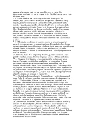 destaparse las manos; cada vez que toma frío, o por el viento frío.
Obstrucción nasal toda vez que se expone al aire frío. Huele como queso viejo.
Fiebre de heno.
* 32 Facies amarilla, con círculos rojos alrededor de los ojos. Cara
ardiente, roja. Calor noctuno. Inflamación erisipelatosa y edema de cara y
mejillas, con erupción vesicular. Dolores tironeantes, comenzando en las
mejillas y extendiéndose a oídos y temporales. Dolores en los huesos de la
cara, en zonas que son tocadas. Granos en la frente que desaparecen al aire
libre. Hinchazón de labios, con dolor y tensión al ser tocados. Erupciones y
úlceras en las comisuras labiales. Grieta en la mitad del labio inferior.
Pústulas en labios, mejillas y cuello, muy dolorosas al tacto. Erupción en
cara, costrosa y dolorosa. Puntadas en la articulación del maxilar, al abrir
la boca. Neuralgia facial derecha, extendida al temporal, oído, aletas nasales
y labios.
* 33 Odontalgias con dolores tironeantes como si le arrancaran, peor al
cerrar la boca, por comer y en un cuarto caliente. Dientes flojos. Los dientes
parecen demasiado largos. Hinchazón e inflamación de las encías, muy dolorosas
al tacto. Ulceras en las encías y en la boca, de base lardácea. Las encías
sangran fácilmente. Abscesos en las raíces dentarias. Odontalgias por bebidas
frías, en invierno.
34 Ptialismo. Punta de la lengua muy dolorosa, y parece lastimada. Gusto
pútrido, metálico, amargo. Pústulas linguales. Ulceras sifilíticas en la boca.
** 35 Garganta dolorida como si tuviera una astilla, un hueso, un tumor
interno. Carraspeo, con dificultad para hablar y al tragar saliva. Dolor de
garganta al enfriarse, como una espina al tragar, extendido al oído al
bostezar o dar vuelta la cabeza. Pulsaciones en la garganta. Violenta opresión
en garganta, con miedo y sofocación. Deglución impedida o casi imposible sin
un gran esfuerzo. Sequedad de garganta. Inflamación, hipertrofia y supuración
de antígdalas. Flemón amigdalino. Abscesos en el cuello. Peor por destaparse
el cuello. Angina con amenaza de supuración.
** 36 Gastralgia al sonarse la nariz. Arcadas al toser, vómitos de mañana al
toser. Ardor de estómago, extendido a garganta. Ataques de náuseas con frío y
palidez. Vómitos ácidos, biliosos, verdosos, mucosos o sanguinolentos.
Frecuentes y fáciles desórdenes estomacales. Presión en el estómago, aún
comiendo poco. Sensación de piedra en el estómago. Distensión en la boca del
estómago, necesita aflojarse las ropas. Eructos frecuentes, sin gusto ni olor.
37 Punzazos en la región esplénica. Pinchazos en el bazo cuando camina.
Punzadas en la región hepática, al caminar. Calambres y dolores contráctiles
en el abdomen. Sensación de desgarro violento en la región umbilical, con
náuseas, ansiedad y calor en las mejillas. Dolores cortantes. Hinchazón y
supuración en los ganglios inguinales. Cólicos con tos seca y ronca. Abscesos
hepáticos. Pinchazos en el hígado al toser, respirar o presionar.
38 Constipación, heces duras y secas. Evacuación difícil de heces blandas y
escasas, con deseos urgentes y tenesmo. Diarrea de restos feculentos con
dolores cortantes. Diarreas blanquecinas y fétidas, de olor ácido, claras,
verdosas, con tenesmo, especialmente en niños. Después de la evacuación,
dolores y descarga saniosa por el ano. Proctorragia con heces blandas. Sudores
en el periné. Protrusión hemorroidal. Diarrea postprandial y por bebidas
frías. Ardor en el recto. Pérdida de fuerzas aún para eliminar heces blandas.
Heces con olor a queso rancio.
 