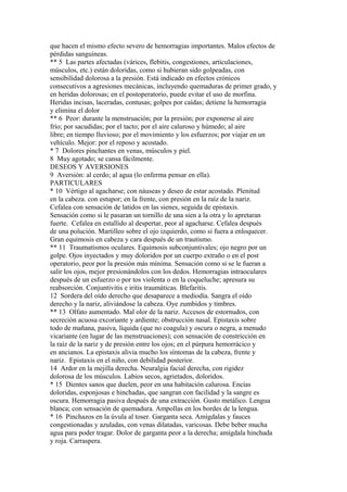 que hacen el mismo efecto severo de hemorragias importantes. Malos efectos de
pérdidas sanguíneas.
** 5 Las partes afectadas (várices, flebitis, congestiones, articulaciones,
músculos, etc.) están doloridas, como si hubieran sido golpeadas, con
sensibilidad dolorosa a la presión. Está indicado en efectos crónicos
consecutivos a agresiones mecánicas, incluyendo quemaduras de primer grado, y
en heridas dolorosas; en el postoperatorio, puede evitar el uso de morfina.
Heridas incisas, laceradas, contusas; golpes por caídas; detiene la hemorragia
y elimina el dolor
** 6 Peor: durante la menstruación; por la presión; por exponerse al aire
frío; por sacudidas; por el tacto; por el aire caluroso y húmedo; al aire
libre; en tiempo lluvioso; por el movimiento y los esfuerzos; por viajar en un
vehículo. Mejor: por el reposo y acostado.
* 7 Dolores pinchantes en venas, músculos y piel.
8 Muy agotado; se cansa fácilmente.
DESEOS Y AVERSIONES
9 Aversión: al cerdo; al agua (lo enferma pensar en ella).
PARTICULARES
* 10 Vértigo al agacharse; con náuseas y deseo de estar acostado. Plenitud
en la cabeza. con estupor; en la frente, con presión en la raíz de la nariz.
Cefalea con sensación de latidos en las sienes, seguida de epistaxis.
Sensación como si le pasaran un tornillo de una sien a la otra y lo apretaran
fuerte. Cefalea en estallido al despertar, peor al agacharse. Cefalea después
de una polución. Martilleo sobre el ojo izquierdo, como si fuera a enloquecer.
Gran equimosis en cabeza y cara después de un trautismo.
** 11 Traumatismos oculares. Equimosis subconjuntivales; ojo negro por un
golpe. Ojos inyectados y muy doloridos por un cuerpo extraño o en el post
operatorio, peor por la presión más mínima. Sensación como si se le fueran a
salir los ojos, mejor presionándolos con los dedos. Hemorragias intraoculares
después de un esfuerzo o por tos violenta o en la coqueluche; apresura su
reabsorción. Conjuntivitis e iritis traumáticas. Blefaritis.
12 Sordera del oído derecho que desaparece a mediodía. Sangra el oído
derecho y la nariz, aliviándose la cabeza. Oye zumbidos y timbres.
** 13 Olfato aumentado. Mal olor de la nariz. Accesos de estornudos, con
secreción acuosa excoriante y ardiente; obstrucción nasal. Epistaxis sobre
todo de mañana, pasiva, líquida (que no coagula) y oscura o negra, a menudo
vicariante (en lugar de las menstruaciones); con sensación de constricción en
la raíz de la nariz y de presión entre los ojos; en el púrpura hemorrácico y
en ancianos. La epistaxis alivia mucho los síntomas de la cabeza, frente y
nariz. Epistaxis en el niño, con debilidad posterior.
14 Ardor en la mejilla derecha. Neuralgia facial derecha, con rigidez
dolorosa de los músculos. Labios secos, agrietados, doloridos.
* 15 Dientes sanos que duelen, peor en una habitación calurosa. Encías
doloridas, esponjosas e hinchadas, que sangran con facilidad y la sangre es
oscura. Hemorragia pasiva después de una extracción. Gusto metálico. Lengua
blanca; con sensación de quemadura. Ampollas en los bordes de la lengua.
* 16 Pinchazos en la úvula al toser. Garganta seca. Amígdalas y fauces
congestionadas y azuladas, con venas dilatadas, varicosas. Debe beber mucha
agua para poder tragar. Dolor de garganta peor a la derecha; amígdala hinchada
y roja. Carraspera.
 