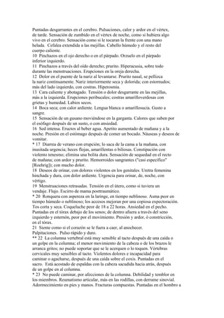 Puntadas desgarrantes en el cerebro. Pulsaciones, calor y ardor en el vértex,
de tarde. Sensación de zumbido en el vértex de noche, como si hubiera algo
vivo en el cerebro. Sensación como si le tocaran la frente con una mano
helada. Cefalea extendida a las mejillas. Cabello húmedo y el resto del
cuerpo caliente.
10 Pinchazos en el ojo derecho o en el párpado. Orzuelo en el párpado
inferior izquierdo.
11 Pinchazos a través del oído derecho; prurito. Hiperacusia, sobre todo
durante las menstruaciones. Erupciones en la oreja derecha.
12 Dolor en el puente de la nariz al levantarse. Prurito nasal, se pellizca
la nariz continuamente. Nariz interiormente seca y dolorida; con estornudos;
más del lado izquierdo, con costras. Hiperosmia.
13 Cara caliente y abotagado. Tensión o dolor desgarrante en las mejillas,
más a la izquierda. Erupciones peribucales; costras amarilloverdosas con
grietas y humedad. Labios secos.
14 Boca seca; con calor ardiente. Lengua blanca o amarillosucia. Gusto a
sangre.
15 Sensación de un gusano moviéndose en la garganta. Calores que suben por
el esófago después de un susto, o con ansiedad.
16 Sed intensa. Eructos al beber agua. Apetito aumentado de mañana y a la
noche. Presión en el estómago después de comer un bocado. Náuseas y deseos de
vomitar.
* 17 Diarrea de verano con erupción; lo saca de la cama a la mañana, con
inusitada urgencia; heces flojas, amarillentas o biliosas. Constipación con
violento tenesmo; elimina una bolita dura. Sensación de sequedad en el recto
de mañana; con ardor y prurito. Hemorroides sangrantes ("casi específico"
[Roehrig]); con mucho dolor.
18 Deseos de orinar, con dolores violentos en los genitales. Uretra femenina
hinchada y dura, con dolor ardiente. Urgencia para orinar, de, noche, con
vértigo.
19 Menstruaciones retrasadas. Tensión en el útero, como si tuviera un
vendaje. Flujo. Escirro de mama posttraumático.
* 20 Ronquera con aspereza en la laringe, en tiempo neblinoso. Asma peor en
tiempo húmedo o neblinoso; los accesos mejoran por una copiosa expectoración.
Tos corta y seca. Coqueluche peor de 18 a 22 horas. Ansiedad en el pecho.
Puntadas en el tórax debajo de los senos; de dentro afuera a través del seno
izquierdo y esternón, peor por el movimiento. Presión y ardor, ó constricción,
en el tórax.
21 Siente como si el corazón se le fuera a caer, al anochecer.
Palpitaciones. Pulso rápido y duro.
** 22 La columna vertebral está muy sensible al tacto después de una caída o
un golpe en la columna; el menor movimiento de la cabeza o de los brazos le
arranca gritos; no puede soportar que se le acerquen o lo toquen. Vértebras
cervicales muy sensibles al tacto. Violentos dolores e incapacidad para
caminar o agacharse, después de una caída sobre el coxis. Puntadas en el
sacro. Está acostado de espaldas con la cabeza sacudida hacia atrás, después
de un golpe en al columna.
* 23 No puede caminar, por afecciones de la columna. Debilidad y temblor en
los miembros. Reumatismo articular, más en las rodillas, con derrame sinovial.
Adormecimiento en pies y manos. Fracturas compuestas. Puntadas en el hombro a
 
