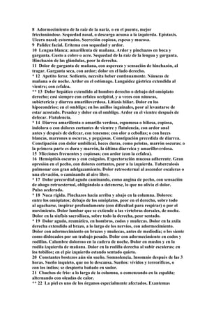 8 Adormecimiento de la raíz de la nariz, o en el puente, mejor
friccionándose. Sequedad nasal, o descarga acuosa a la izquierda. Epístaxis.
Ulcera nasal; estornudos. Secreción copiosa, espesa y mucosa.
9 Palidez facial. Eritema con sequedad y ardor.
10 Lengua blanca; amarillenta de mañana. Ardor y pinchazos en boca y
garganta. Gusto a cobre o acre. Sequedad de la raíz de la lengua y garganta.
Hinchazón de las glándulas, peor la derecha.
11 Dolor de garganta de mañana, con aspereza y sensación de hinchazón, al
tragar. Garganta seca, con ardor; dolor en el lado derecho.
* 12 Apetito feroz. Sediento, necesita beber continuamente. Náuseas de
mañana o de noche. Ardor en el estómago. Languidez gástrica extendida al
vientre; con cefalea.
** 13 Dolor hepático extendido al hombro derecho o debajo del omóplato
derecho; casi siempre con cefalea occipital, y a veces con náuseas,
subictericia y diarrea amarilloverdosa. Litiasis biliar. Dolor en los
hipocondrios; en el ombligo; en los anillos inguinales, peor al levantarse de
estar acostado. Pesadez y dolor en el ombligo. Ardor en el vientre después de
defecar. Flatulencia.
* 14 Diarrea amarillenta o amarillo verdosa, espumosa o biliosa, copiosa,
indolora o con dolores cortantes de vientre y flatulencia, con ardor anal
antes y después de defecar, con tenesmo; con olor a cebollas; o con heces
blancas, marrones u oscuras, y pegajosas. Constipación precedida de diarrea.
Constipación con dolor umbilical, heces duras, como pelotas, marrón oscuras; o
la primera parte es dura y marrón, la última diarreica y amarilloverdosa.
15 Micciones frecuentes y copiosas; con ardor (con la cefalea).
16 Hemóptisis oscuras y con coágulos. Expectoración mucosa adherente. Gran
opresión en el pecho, con dolores cortantes, peor a la izquierda. Tuberculosis
pulmonar con gran adelgazamiento. Dolor retroesternal al ascender escaleras o
una elevación, o caminando al aire libre.
* 17 Dolor precordial agudo caminando, como angina de pecho, con sensación
de ahogo retroesternal, obligándolo a detenerse, lo que no alivia el dolor.
Pulso acelerado.
* 18 Nuca rígida. Pinchazos hacia arriba y abajo en la columna. Dolores:
entre los omóplatos; debajo de los omóplatos, peor en el derecho, sobre todo
al agacharse, inspirar profundamente (con dificultad para respirar) o por el
movimiento. Dolor lumbar que se extiende a las vértebras dorsales, de noche.
Dolor en la sínfisis sacroilíaca, sobre todo la derecha, peor sentado.
* 19 Dolor agudo, reumático, en hombros, codos y muñecas. Dolor en la axila
derecha extendido al brazo, a lo largo de los nervios, con adormecimiento.
Dolor con adormecimiento en brazos y muñecas, antes de mediodía; o los siente
como dislocados por un trabajo pesado. Dolor con adormecimiento en codos y
rodillas. Calambre doloroso en la cadera de noche. Dolor en muslos y en la
rodila izquierda de mañana. Dolor en la rodilla derecha al subir escaleras; en
los tobillos; en el pie izquierdo estando sentado quieto.
20 Constantes bostezos aún sin sueño. Somnolencia. Insomnio después de las 3
horas. Sueño inquieto, que no lo descansa. Sueños: vívidos y terroríficos, o
con los indios; se despierta bañado en sudor.
21 Chuchos de frio: a lo largo de la columna, o comenzando en la espalda;
alternando con oleadas de calor.
** 22 La piel es uno de los órganos especialmente afectados. Exantemas
 