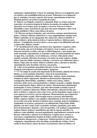 espumosos; sanguinolentos. Cáncer de estómago. Dureza en el epigastrio, peor
en el píloro, con sensibilidad dolorosa al tacto. Pulsaciones en el epigastrio
que se extienden a la parte superior del cuerpo, especialmente al moverse.
Plenitud gástrica con ardores enseguida de comer.
23 Dolores en el hígado, contusivos, o plenitud. Dolor en el bazo, peor por
la presión y al sentarse después de haberse levantado a la mañana. Dolor
ulcerativo en el vientre, peor al respirar y moverse. Frío en el vientre;
distendido y tenso. Sensación de que tiene una masa compacta y dura en la
región umbilical. Cólicos como dolores de parto.
* 24 Diarrea con heces irritantes, muy corrosivas, acuosas; marrónoscuras,
grises, verdosas o blancas; lientéricas; a veces sanguinolentas; siempre muy
fétidas o pútridas, de un repugnante olor cadavérico. Diarrea infantil: el
niño se debate y grita mientras defeca. Urgencia ineficaz y dolorosa para
defecar. Constipación con heces duras y secas; mueve con dificultad cada tres
o cuatro días. Dolores rectales.
** 25 Incontinencia de orina, con deseos muy repentinos y urgentes, sobre
todo de noche, que no le da tiempo a levantarse; si no se apura, se orina.
Enuresis nocturna en niños a los que es difícil despertar, y que sueñan que
están orinando; especialmente en el primer sueño. Se orina poniendo las manos
en agua fría, o acostado, o en el embarazo, o al toser. Sólo puede orinar
estando acostado. Micciones frecuentes a la noche, de orina copiosa y pálida.
Orina: marrón; fétida e incolora; ardiente y corrosiva; con sedimento rojizo o
blanco. Flujo antes de orinar. Dolores ardientes antes y durante la micción,
especialmente entre los labios vulvares, con prurito.
26 Ardor en los genitales masculinos durante el coito, e impotencia.
Prepucio azul negruzco con hemorragias y gangrena.
*** 27 El campo de acción más importante de Kreosotum, además de la boca y
dientes, es en los genitales femeninos. Antes de la menstruación:
irritabilidad, inquietud, cefalea occipital, flujo, vómitos, vientre hinchado,
zumidos de oídos e hípoacusia. Durante la menstruación: hipoacusia,
constipación, flatos fétidos, zumbidos y ruidos en la cabeza, cólicos
cortantes, dolor sacro, estremecimientos y sudores en pecho y espalda. Después
de la menstruación: flujo y dolores de vientre. Menstruaciones adelantadas,
prolongadas ó cortas, irritantes, que sólo salen estando acostada (cesan al
sentarse ó caminar); dolorosas; fétidas; intermitentes, durante los días que
dura se detiene y reaparece una o más veces; son de abundante sangre negra; a
veces aparece en el tercer mes de embarazo. Menstruaciones que reaparecen
después de haber cesado. Metrorragias negras u oscuras, intermitentes,
fétidas, copiosas, fluidas o con coágulos; especialmente al otro día o después
de un coito (con ardor durante el mismo); peor acostada, mejor levantándose y
caminando; en el parto y puerperio o en endometritis. Flujo ácido, fétido,
pútrido, con olor a maíz verde, excoriante, irritante, quemante; peor antes
de la menstruación y después y entre los períodos, o de mañana; sanguinolento;
copioso; blanco, lechoso o amarillento, que tiñe la ropa de amarillo y la
endurece como almidón; con gran agotamiento, especialmente cansancio en las
piernas. Salivación y náuseas en el embarazo. Loquios acres, oscuros, o
marrones o sanguinolentos después de haber estado claros; con pedazos;
intermitentes, desaparecen y reaparecen. Violento prurito en vulva y vagina,
voluptuoso, especialmente entre los labios, producido por el flujo. Utero y
cuello de útero duros; cáncer de útero. Excoriaciones entre los labios y en
 