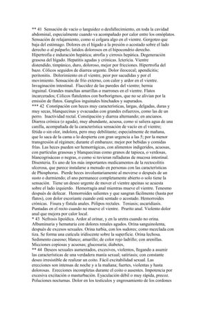 ** 41 Sensación de vacío o languidez o desfallecimiento, en toda la cavidad
abdominal, especialmente cuando va acompañado por calor entre los omóplatos.
Sensación de relajamiento, como si colgara algo en el vientre. Gorgoteo que
baja del estómago. Dolores en el hígado a la presión o acostado sobre el lado
derecho o al palparlo; latidos dolorosos en el hipocondrio derecho.
Hípertrofia e induración hepática; atrofia y cirrosis hepática. Degeneración
grasosa del hígado. Hepatitis agudas y crónicas. Ictericia. Vientre
distendido, timpánico, duro, doloroso, mejor por fricciones. Hipertrofia del
bazo. Cólicos seguidos de diarrea urgente. Dolor ileocecal; apendicitis;
peritonitis. Dolorimiento en el vientre, peor por sacudidas y por el
movimiento. Sensación de frío externo, con calor y ardor en el vientre.
Invaginación intestinal. Flaccidez de las paredes del vientre; hernia
inguinal. Grandes manchas amarillas o marrones en el vientre. Flatos
incarcerados; Cólicos flatulentos con borborigmos, que no se alivian por la
emisión de flatos. Ganglios inguinales hinchados y supurados.
*** 42 Constipación con heces muy características, largas, delgadas, duras y
muy secas, blanquecinas y evacuadas con grandes esfuerzos, como las de un
perro. Inactividad rectal. Constipación y diarrea alternando; en ancianos.
Diarrea crónica (o aguda), muy abundante, acuosa, como si saliera agua de una
canilla, acompañada de la característica sensación de vacío en el vientre;
fétida o sin olor, indolora, pero muy debilitante; especialmente de mañana,
que lo saca de la cama o lo despierta con gran urgencia a las 5; por la menor
transgresión al régimen; durante el embarazo; mejor por bebidas y comidas
frías. Las heces pueden ser hemorrágicas, con alimentos indigeridos, acuosas,
con partículas grasosas y blanquecinas como granos de tapioca, o verdosas,
blancogrisáceas o negras, o como si tuvieran ralladuras de mucosa intestinal.
Disenteria. Es uno de los más importantes medicamentos de la rectocolitis
ulcerosa, que parece instalarse a menudo en personas con las características
de Phosphorus. Pierde heces involuntariamente al moverse o después de un
susto o durmiendo; el ano permanece completamente abierto o solo tiene la
sensación. Tiene un deseo urgente de mover el vientre apeinas se acuesta
sobre el lado izquierdo. Hemorragía anal mientras mueve el vientre. Tenesmo
después de defecar. Hemorroides salientes y que sangran fácilmente (hasta por
flatos), con dolor escoriante cuando está sentado o acostado. Hemorroides
crónicas. Fisura y fístula anales. Pólipos rectales. Teniasis; ascaridiasís.
Puntadas en el recto cuando no mueve el vientre. Prurito anal. Violento dolor
anal que mejora por calor local.
* 43 Nefrosis lipoídica. Ardor al orinar, y en la uretra cuando no orina.
Albuminuria y hematuria con dolores renales agudos. Orina sanguinolenta,
después de excesos sexuales. Orina turbia, con los sudores; como mezclada con
tiza. Se forma una cutícula iridiscente sobre la superficie. Orina lechosa.
Sedimento caseoso; blanco; amarillo; de color rojo ladrillo; con arenillas.
Micciones copiosas y acuosas; glucosuria; diabetes,
** 44 Deseos sexuales aumentados, excesivos, violentos, llegando a asumir
las características de una verdadera manía sexual; satiriasis; con constante
deseo irresistible de realizar un coito. Fácil excitabilidad sexual. Las
erecciones son intensas de noche y a la mañana; fuertes, violentas y hasta
dolorosas. Erecciones incompletas durante el coito o ausentes. Impotencia por
excesiva excitación o masturbación. Eyaculación débil o muy rápida, precoz.
Poluciones nocturnas. Dolor en los testículos y engrosamiento de los cordones
 