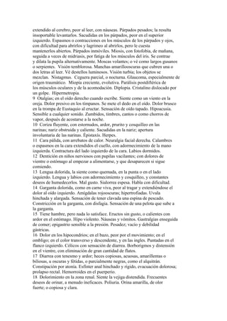 extendido al cerebro, peor al leer, con náuseas. Párpados pesados; la resulta
insoportable levantarlos. Sacudidas en los párpados, peor en el superior
izquierdo. Espasmos o contracciones en los músculos de los párpados y ojos,
con dificultad para abrirlos y lagrimeo al abrirlos, pero le cuesta
mantenerlos abiertos. Párpados inmóviles. Miosis, con fotofobia, de mañana,
seguida a veces de midriasis, por fatiga de los músculos del iris. Se contrae
y dilata la pupila alternativamente. Moscas volantes; o vé como largos gusanos
o serpientes. Visión temblorosa. Manchas amarillooscuras que cubren una o
dos letras al leer. Vé destellos luminosos. Visión turbia; los objetos se
mezclan. Nistagmus. Ceguera parcial, o nocturna. Glaucoma, especialmente de
origen traumático. Miopía creciente, evolutiva. Parálisis postdiftérica de
los músculos oculares y de la acomodación. Diplopia. Cristalino dislocado por
un golpe. Hipermetropia.
9 Otalgias; en el oído derecho cuando escribe. Siente como un viento en la
oreja. Dolor presivo en los tímpanos. Se mete el dedo en el oído. Dolor brusco
en la trompa de Eustaquio al eructar. Sensación de oído tapado. Hipoacusia.
Sensible a cualquier sonido. Zumbidos, timbres, cantos o como chorros de
vapor, después de acostarse a la noche.
10 Coriza fluyente, con estornudos, ardor, prurito y cosquilleo en las
narinas; nariz obstruida y caliente. Sacudidas en la nariz; apertura
involuntaria de las narinas. Épistaxís. Herpes.
11 Cara pálida, con arrebatos de calor. Neuralgia facial derecha. Calambres
o espasmos en la cara extendidos el cuello, con adormecimiento de la mano
izquierda. Contractura del lado izquierdo de la cara. Labios dormidos.
12 Dentición en niños nerviosos con pupilas vacilantes; con dolores de
vientre o estómago al empezar a alimentarse, y que desaparecen si sigue
comiendo.
13 Lengua dolorida, la siente como quemada, en la punta o en el lado
izquierdo. Lengua y labios con adormecimiento y cosquilleo, y constantes
deseos de humedecerlos. Mal gusto. Sialorrea espesa. Habla con dificultad.
14 Garganta dolorida, como en carne viva, peor al tragar y extendiéndose el
dolor al oído izquierdo. Amígdalas rojooscuras; hipertrofiadas. Uvula
hinchada y alargada. Sensación de tener clavada una espina de pescado.
Constricción en la garganta, con disfagia. Sensación de una pelota que sube a
la garganta.
15 Tiene hambre, pero nada lo satisface. Eructos sin gusto, o calientes con
ardor en el estómago. Hipo violento. Náuseas y vómitos. Gastralgias enseguida
de comer; epigastrio sensible a la presión. Pesadez; vacío y debilidad
gástricas.
16 Dolor en los hipocondrios; en el bazo, peor por el movimiento; en el
ombligo; en el color transverso y descendente, y en las ingles. Puntadas en el
flanco izquierdo. Cólicos con sensación de diarrea. Borborigmos y distensión
en el vientre, con eliminación de gran cantidad de flatos.
17 Diarrea con tenesmo y ardor; heces copiosas, acuosas, amarillentas o
biliosas, u oscuras y fétidas, o parcialmente negras, como el alquitrán.
Constipación por atonía. Esfínter anal hinchado y rígido, evacuación dolorosa;
prolapso rectal. Hemorroides en el puerperio.
18 Dolorimiento en la zona renal. Siente la vejiga distendida. Frecuentes
deseos de orinar, a menudo íneficaces. Poliuria. Orina amarilla, de olor
fuerte; o copiosa y clara.
 