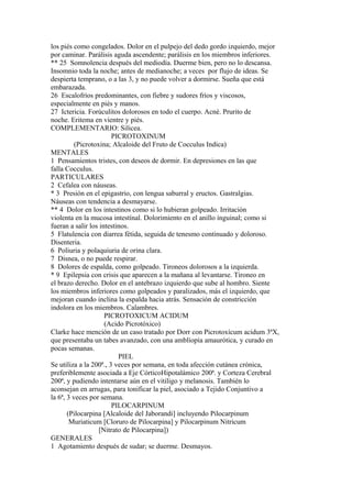 los piés como congelados. Dolor en el pulpejo del dedo gordo izquierdo, mejor
por caminar. Parálisis aguda ascendente; parálisis en los miembros inferiores.
** 25 Somnolencia después del mediodía. Duerme bien, pero no lo descansa.
Insomnio toda la noche; antes de medianoche; a veces por flujo de ideas. Se
despierta temprano, o a las 3, y no puede volver a dormirse. Sueña que está
embarazada.
26 Escalofríos predominantes, con fiebre y sudores fríos y viscosos,
especialmente en piés y manos.
27 Ictericia. Forúculitos dolorosos en todo el cuerpo. Acné. Prurito de
noche. Eritema en vientre y piés.
COMPLEMENTARIO: Silicea.
PICROTOXINUM
(Picrotoxina; Alcaloide del Fruto de Cocculus Indica)
MENTALES
1 Pensamientos tristes, con deseos de dormir. En depresiones en las que
falla Cocculus.
PARTICULARES
2 Cefalea con náuseas.
* 3 Presión en el epigastrio, con lengua saburral y eructos. Gastralgias.
Náuseas con tendencia a desmayarse.
** 4 Dolor en los intestinos como si lo hubieran golpeado. Irritación
violenta en la mucosa intestínal. Dolorimiento en el anillo ínguinal; como si
fueran a salir los intestinos.
5 Flatulencia con diarrea fétida, seguida de tenesmo continuado y doloroso.
Disenteria.
6 Poliuria y polaquiuria de orina clara.
7 Disnea, o no puede respirar.
8 Dolores de espalda, como golpeado. Tironeos dolorosos a la izquierda.
* 9 Epilepsia con crisis que aparecen a la mañana al levantarse. Tironeo en
el brazo derecho. Dolor en el antebrazo izquierdo que sube al hombro. Siente
los miembros inferiores como golpeados y paralizados, más el izquierdo, que
mejoran cuando inclina la espalda hacia atrás. Sensación de constricción
indolora en los miembros. Calambres.
PICROTOXICUM ACIDUM
(Acido Picrotóxico)
Clarke hace mención de un caso tratado por Dorr con Picrotoxícum acidum 3ªX,
que presentaba un tabes avanzado, con una amblíopia amaurótica, y curado en
pocas semanas.
PIEL
Se utiliza a la 200ª., 3 veces por semana, en toda afección cutánea crónica,
preferiblemente asociada a Eje CórticoHipotalámico 200ª. y Corteza Cerebral
200ª, y pudiendo intentarse aún en el vitiligo y melanosis. También lo
aconsejan en arrugas, para tonificar la piel, asociado a Tejido Conjuntivo a
la 6ª, 3 veces por semana.
PILOCARPINUM
(Pilocarpina [Alcaloide del Jaborandi] incluyendo Pilocarpinum
Muriaticum [Cloruro de Pilocarpina] y Pilocarpinum Nitricum
[Nitrato de Pilocarpina])
GENERALES
1 Agotamiento después de sudar; se duerme. Desmayos.
 