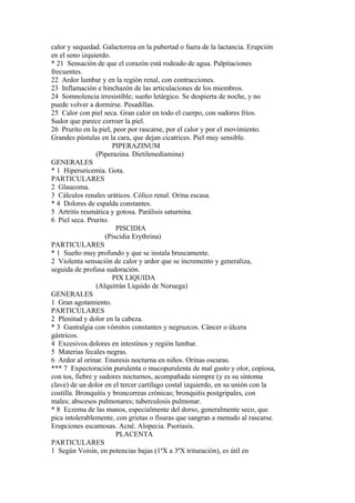 calor y sequedad. Galactorrea en la pubertad o fuera de la lactancia. Erupción
en el seno izquierdo.
* 21 Sensación de que el corazón está rodeado de agua. Palpitaciones
frecuentes.
22 Ardor lumbar y en la región renal, con contracciones.
23 Inflamación e hinchazón de las articulaciones de los miembros.
24 Somnolencia irresistible; sueño letárgico. Se despierta de noche, y no
puede volver a dormirse. Pesadillas.
25 Calor con piel seca. Gran calor en todo el cuerpo, con sudores fríos.
Sudor que parece corroer la piel.
26 Prurito en la piel, peor por rascarse, por el calor y por el movimiento.
Grandes pústulas en la cara, que dejan cicatrices. Piel muy sensible.
PIPERAZINUM
(Piperazina. Dietilenediamina)
GENERALES
* 1 Hiperuricemía. Gota.
PARTICULARES
2 Glaucoma.
3 Cálculos renales uráticos. Cólico renal. Orina escasa.
* 4 Dolores de espalda constantes.
5 Artritis reumática y gotosa. Parálisis saturnina.
6 Piel seca. Prurito.
PISCIDIA
(Piscidia Erythrina)
PARTICULARES
* 1 Sueño muy profundo y que se instala bruscamente.
2 Violenta sensación de calor y ardor que se incremento y generaliza,
seguida de profusa sudoración.
PIX LIQUIDA
(Alquitrán Líquido de Noruega)
GENERALES
1 Gran agotamiento.
PARTICULARES
2 Plenitud y dolor en la cabeza.
* 3 Gastralgia con vómitos constantes y negruzcos. Cáncer o úlcera
gástricos.
4 Excesivos dolores en intestinos y región lumbar.
5 Materias fecales negras.
6 Ardor al orinar. Enuresis nocturna en niños. Orinas oscuras.
*** 7 Expectoración purulenta o mucopurulenta de mal gusto y olor, copiosa,
con tos, fiebre y sudores nocturnos, acompañada siempre (y es su síntoma
clave) de un dolor en el tercer cartílago costal izquierdo, en su unión con la
costilla. Bronquitis y broncorreas crónicas; bronquitis postgripales, con
males; abscesos pulmonares; tuberculosis pulmonar.
* 8 Eczema de las manos, especialmente del dorso, generalmente seco, que
pica intolerablemente, con grietas o físuras que sangran a menudo al rascarse.
Erupciones escamosas. Acné. Alopecia. Psoriasis.
PLACENTA
PARTICULARES
1 Según Voisin, en potencias bajas (1ªX a 3ªX trituración), es útil en
 