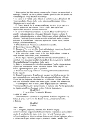 15 Poco apetito. Sed. Eructos con gusto a azufre. Náuseas con somnolencia o
desmayo y temblor; con vacío gástrico. Pesadez gástrica como una piedra, aún
comiendo poco. Frio y dolor en el estómago.
* 16 Vacío en el vientre. Dolor intenso en los hipocondrios. Distensión del
vientre con flatos fétidos. Dolor en los músculos abdominales. Cólicos
flatulentos, mejor comiendo.
* 17 Diarrea peor de 8 a 10 horas con cólicos y tenesmo; heces marrones,
acuosas, espumosas, excoriantes. Diarrea crónica. Diarrea infantil.
Hemorroides dolorosas. Parásitos intestinales.
* 18 Dolorimiento en la zona renal a la presión. Micciones frecuentes de
grandes cantidades de orina pálida, peor de noche. Enuresis nocturna de
grandes cantidades de orina en niños. Diabetes, con poliuria y bulimia. Goteo
al orinar. Pruríto en el meato uretral, con pinchazos hacia arriba o dolores
cortantes de dentro afuera. Orina clara; rojooscura, de olor fuerte; de color
naranja; con sedimento blanco.
19 Debilidad sexual. Poluciones nocturnas inconscientes.
20 Erisipela en los senos. Mastitís.
21 Ronquera. Tos en el aire frío. Respiración jadeante o suspirosa. Opresión
en el pecho al leer o hablar. Puntadas agudas en el tórax.
22 Calor precordial cuando camina al aire libre. Palpitaciones violentas al
subir escaleras. Pulso fuerte, lleno, intermitente.
23 Cuello rígido y dolorido, peor en el esternocleidomastoideo (más a la
derecha), peor moviendo la cabeza hacia el lado dolorido, mejor al otro lado.
Dolor pulsátil entre los omóplatos. Dolor sacro.
24 Dolores pinchantes en los miembros superiores. Pápulas blancas y duras,
algunas con puntos rojos, en cara interna de muslos. Dolor y rigidez en
rodilla y pierna izquierdas, peor al agacharse.
25 Bostezos excesivos y continuos. Insomnio por trastornos abdominales.
Sueño inquieto.
26 Escalofríos con carne de gallina, sin sed, peor moviéndose; cuerpo frío
con estremecimientos; manos y pies fríos aún en una habitación caldeada.
Fiebre con sed, inquietud e intolerancia a la habitación caldeada y cerrada,
con calor ardiente en cabeza, cara, manos y pies. Sudores fríos lumbosacros.
27 Violento prurito peor de noche, ardor después de rascarse o frotarse.
Vesículas con hinchazón y enrojecimiento en manos y cara. Pápulas que exudan
un líquido amarillento, formando costras. Eritema. Quemaduras.
PLATANUS
(P. Acerifolia u Occidentalis. Plátano)
PARTICULARES
1 Tumores tarsales o chalazión de los párpados. Cataratas congénitas. En
tintura. 5 gotas, 2 veces por día, durante meses. Actúa mejor en niños.
2 Ictiosis.
PLATINA
(Platino)
MENTALES
*** 1 Arrogante, orgullosa y altanera; mira de arriba abajo y
despectivamente a las personas habitualmente más respetadas o queridas (peor
dentro de una habitación, mejor al aire libre y al sol). Tiene una gran
sobreestimación o un alto concepto de sí misma; subestima a los demás, y juzga
a todos como despreciables o vulgares; desprecía a todos y a todo. En el
 