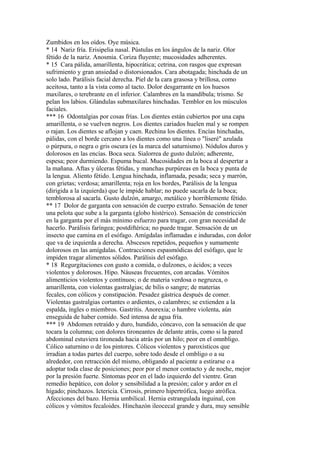 Zumbidos en los oídos. Oye música.
* 14 Nariz fría. Erisipelia nasal. Pústulas en los ángulos de la nariz. Olor
fétido de la nariz. Anosmia. Coriza fluyente; mucosidades adherentes.
* 15 Cara pálida, amarillenta, hipocrática; cetrina, con rasgos que expresan
sufrimiento y gran ansiedad o distorsionados. Cara abotagada; hinchada de un
solo lado. Parálisis facial derecha. Piel de la cara grasosa y brillosa, como
aceitosa, tanto a la vista como al tacto. Dolor desgarrante en los huesos
maxilares, o terebrante en el inferior. Calambres en la mandíbula; trismo. Se
pelan los labios. Glándulas submaxilares hinchadas. Temblor en los músculos
faciales.
*** 16 Odontalgias por cosas frías. Los dientes están cubiertos por una capa
amarillenta, o se vuelven negros. Los dientes cariados huelen mal y se rompen
o rajan. Los dientes se aflojan y caen. Rechina los dientes. Encías hinchadas,
pálidas, con el borde cercano a los dientes como una línea o "liseré" azulada
o púrpura, o negra o gris oscura (es la marca del saturnismo). Nódulos duros y
dolorosos en las encías. Boca seca. Sialorrea de gusto dulzón; adherente,
espesa; peor durmiendo. Espuma bucal. Mucosidades en la boca al despertar a
la mañana. Aftas y úlceras fétidas, y manchas purpúreas en la boca y punta de
la lengua. Aliento fétido. Lengua hinchada, inflamada, pesada; seca y marrón,
con grietas; verdosa; amarillenta; roja en los bordes, Parálisis de la lengua
(dirigida a la izquierda) que le impide hablar; no puede sacarla de la boca;
temblorosa al sacarla. Gusto dulzón, amargo, metálico y horriblemente fétido.
** 17 Dolor de garganta con sensación de cuerpo extraño. Sensación de tener
una pelota que sube a la garganta (globo histérico). Sensación de constricción
en la garganta por el más mínimo esfuerzo para tragar, con gran necesidad de
hacerlo. Parálisis faríngea; postdiftérica; no puede tragar. Sensación de un
insecto que camina en el esófago. Amígdalas inflamadas e induradas, con dolor
que va de izquierda a derecha. Abscesos repetidos, pequeños y sumamente
dolorosos en las amígdalas. Contracciones espasmódicas del esófago, que le
impiden tragar alimentos sólidos. Parálisis del esófago.
* 18 Regurgitaciones con gusto a comida, o dulzones, o ácidos; a veces
violentos y dolorosos. Hipo. Náuseas frecuentes, con arcadas. Vómitos
alimenticios violentos y contínuos; o de materia verdosa o negruzca, o
amarillenta, con violentas gastralgias; de bilis o sangre; de materias
fecales, con cólicos y constipación. Pesadez gástrica después de comer.
Violentas gastralgias cortantes o ardientes, o calambres; se extienden a la
espalda, íngles o miembros. Gastritis. Anorexia; o hambre violenta, aún
enseguida de haber comido. Sed intensa de agua fría.
*** 19 Abdomen retraído y duro, hundido, cóncavo, con la sensación de que
tocara la columna; con dolores tironeantes de delante atrás, como si la pared
abdominal estuviera tironeada hacia atrás por un hilo; peor en el omnbligo.
Cólico saturnino o de los pintores. Cólicos violentos y paroxísticos que
irradian a todas partes del cuerpo, sobre todo desde el ombligo o a su
alrededor, con retracción del mismo, obligando al paciente a estirarse o a
adoptar toda clase de posiciones; peor por el menor contacto y de noche, mejor
por la presión fuerte. Síntomas peor en el lado izquierdo del vientre. Gran
remedio hepático, con dolor y sensibilidad a la presión; calor y ardor en el
hígado; pinchazos. Ictericia. Cirrosis, primero hipertrófica, luego atrófíca.
Afecciones del bazo. Hernia umbilical. Hernia estrangulada ínguinal, con
cólicos y vómitos fecaloides. Hinchazón ileocecal grande y dura, muy sensible
 