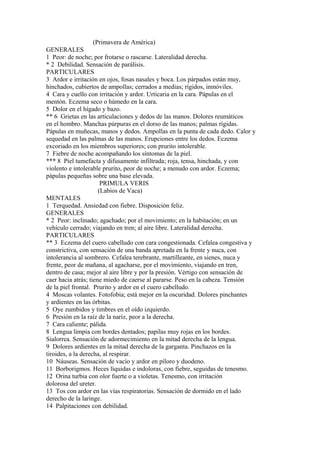 (Primavera de América)
GENERALES
1 Peor: de noche; por frotarse o rascarse. Lateralidad derecha.
* 2 Debilidad. Sensación de parálisis.
PARTICULARES
3 Ardor e irritación en ojos, fosas nasales y boca. Los párpados están muy,
hinchados, cubiertos de ampollas; cerrados a medias; rígidos, inmóviles.
4 Cara y cuello con irritación y ardor. Urticaria en la cara. Pápulas en el
mentón. Eczema seco o húmedo en la cara.
5 Dolor en el hígado y bazo.
** 6 Grietas en las articulaciones y dedos de las manos. Dolores reumáticos
en el hombro. Manchas púrpuras en el dorso de las manos; palmas rígidas.
Pápulas en muñecas, manos y dedos. Ampollas en la punta de cada dedo. Calor y
sequedad en las palmas de las manos. Erupciones entre los dedos. Eczema
excoriado en los miembros superiores; con prurito intolerable.
7 Fiebre de noche acompañando los síntomas de la piel.
*** 8 Piel tumefacta y difusamente infiltrada; roja, tensa, hinchada, y con
violento e intolerable prurito, peor de noche; a menudo con ardor. Eczema;
pápulas pequeñas sobre una base elevada.
PRIMULA VERIS
(Labios de Vaca)
MENTALES
1 Terquedad. Ansiedad con fiebre. Disposición feliz.
GENERALES
* 2 Peor: inclinado; agachado; por el movimiento; en la habitación; en un
vehículo cerrado; viajando en tren; al aire libre. Lateralidad derecha.
PARTICULARES
** 3 Eczema del cuero cabelludo con cara congestionada. Cefalea congestiva y
constrictiva, con sensación de una banda apretada en la frente y nuca, con
intolerancia al sombrero. Cefalea terebrante, martilleante, en sienes, nuca y
frente, peor de mañana, al agacharse, por el movimiento, viajando en tren,
dentro de casa; mejor al aire libre y por la presión. Vértigo con sensación de
caer hacia atrás; tiene miedo de caerse al pararse. Peso en la cabeza. Tensión
de la piel frontal. Prurito y ardor en el cuero cabelludo.
4 Moscas volantes. Fotofobia; está mejor en la oscuridad. Dolores pinchantes
y ardientes en las órbitas.
5 Oye zumbidos y timbres en el oído izquierdo.
6 Presión en la raíz de la nariz, peor a la derecha.
7 Cara caliente; pálida.
8 Lengua limpia con bordes dentados; papilas muy rojas en los bordes.
Sialorrea. Sensación de adormecimiento en la mitad derecha de la lengua.
9 Dolores ardientes en la mitad derecha de la garganta. Pinchazos en la
tiroides, a la derecha, al respirar.
10 Náuseas. Sensación de vacío y ardor en píloro y duodeno.
11 Borborigmos. Heces líquidas e indoloras, con fiebre, seguidas de tenesmo.
12 Orina turbia con olor fuerte o a violetas. Tenesmo, con irritación
dolorosa del ureter.
13 Tos con ardor en las vías respiratorias. Sensación de dormido en el lado
derecho de la laringe.
14 Palpitaciones con debilidad.
 