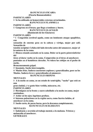 RANUNCULUS FICARIA
(Ficaria Ranunculoides)
PARTICULARES
1 Se ha utilizado en hemorroides externas arracimadas.
RANUNCULUS FLAMMULA
PARTICULARES
1 Gangrena en el brazo, que llega a tendones y hueso.
RANUNCULUS GLACIALIS
(Ranúnculo de los Glaciares)
PARTICULARES
* 1 Congestión cerebral aguda, como un inminente ataque apoplético,
con
sensación de enorme peso en la cabeza y vértigo, mejor por café.
Sensación de
tensión occipital. Cefalea del lado derecho antes del amanecer, mejor al
levantarse de la cama.
2 Disnea estando acostado en la cama. Dolor en la parte pósteroinferior
del
tórax al darse vuelta en la cama. Compresión en el tórax al anochecer;
puntadas en el hemitórax derecho. No tolera las cobijas en el pecho de
noche.
Bronconeumonía gripal.
3 Insomnio. Sueño interrumpido.
4 Muslos fríos. Sudores nocturnos copiosos y generalizados, peor en los
Muslos. Sudores leves y generalizados al amanecer.
RANUNCULUS REPENS
MENTALES
1 A la noche en cama, en un estado de semivigilia, "sueña" que está en
una
gran ciudad, y ve gente bien vestida, máscaras, etc.
PARTICULARES
2 Hormigueo en la frente y cuero cabelludo a la noche en cama, mejor
sentándose.
3 Ardor en los ojos; lagrimeo profuso.
4 Intensas pulsaciones en la región sacra, como fuertes latidos, al
anochecer en la cama.
5 Sueño corto, de pocas horas, pero lo descansa completamente.
RANUNCULUS SCELERATUS
MENTALES
1 Indolencia y aversión al trabajo mental, a la mañana. Tristeza y
melancolía al anochecer.
GENERALES
 