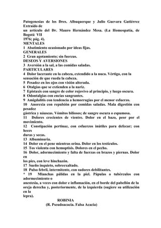 Patogenesias de los Dres. Albuquerque y Julio Guevara Gutiérrez
Extraído de
un artículo del Dr. Mauro Hernández Mesa. (La Homeopatía, de
Bogotá VII
1976; pág. 4).
MENTALES
1 Abatimiento ocasionado por ideas fijas.
GENERALES
2 Gran agotamiento; sin fuerzas.
DESEOS Y AVERSIONES
3 Aversión a la sal, a las comidas saladas.
PARTICULARES
4 Dolor lacerante en la cabeza, extendido a la nuca. Vértigo, con la
sensación de que rueda la cabeza.
5 Pesadez en los ojos con visión alterada.
6 Otalgías que se extienden a la nariz.
7 Epistaxis con sangre de color rojovivo al principio, y luego oscura.
8 Odontalgias con encías sangrantes.
9 Amigdalitis con tendencia a hemorragias por el menor esfuerzo.
10 Anorexia con repulsión por comidas saladas. Mala digestión con
pesadez
gástrica y náuseas. Vómitos biliosos; de sangre oscura o espumosa.
11 Dolores crecientes de vientre. Dolor en el bazo, peor por el
movimiento.
12 Constipación pertinaz, con esfuerzos inútiles para defecar; con
heces
duras y secas.
13 Albuminuria.
14 Dolor en el pene mientras orina. Dolor en los testículos.
15 Tos violenta con hemoptisis. Dolores en el pecho.
16 Dolor, adormecimiento y falta de fuerzas en brazos y piernas. Dolor
en
los pies, con leve hinchazón.
17 Sueño inquieto, sobreexaltado.
18 Pulso febril, intermitente, con sudores debilitantes.
* 19 Mlanchas pálidas en la piel. Pápulas o tubérculos con
adormecimiento o
anestesia, a veces con dolor e inflamación, en el borde del pabellón de la
oreja derecha y, posteriormente, de la izquierda (sugiere su utilización
en la
lepra).
ROBINIA
(R. Pseudoacacia. Falsa Acacia)
 
