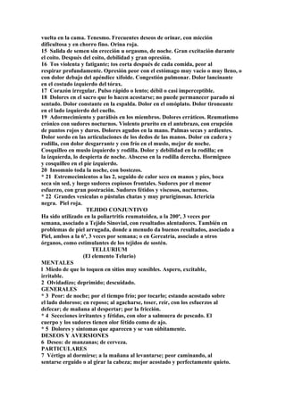 vuelta en la cama. Tenesmo. Frecuentes deseos de orinar, con micción
dificultosa y en chorro fino. Orina roja.
15 Salida de semen sin erección u orgasmo, de noche. Gran excitación durante
el coito. Después del coito, debilidad y gran opresión.
16 Tos violenta y fatigante; tos corta después de cada comida, peor al
respirar profundamente. Opresión peor con el estómago muy vacío o muy lleno, o
con dolor debajo del apéndice xifoide. Congestión pulmonar. Dolor lancinante
en el costado izquierdo del tórax.
17 Corazón irregular. Pulso rápido o lento; débil o casi imperceptible.
18 Dolores en el sacro que lo hacen acostarse; no puede permanecer parado ni
sentado. Dolor constante en la espalda. Dolor en el omóplato. Dolor tironeante
en el lado izquierdo del cuello.
19 Adormecimiento y parálisis en los miembros. Dolores erráticos. Reumatismo
crónico con sudores nocturnos. Violento prurito en el antebrazo, con erupción
de puntos rojos y duros. Dolores agudos en la mano. Palmas secas y ardientes.
Dolor sordo en las articulaciones de los dedos de las manos. Dolor en cadera y
rodilla, con dolor desgarrante y con frío en el muslo, mejor de noche.
Cosquilleo en muslo izquierdo y rodilla. Dolor y debilidad en la rodilla; en
la izquíerda, lo despierta de noche. Absceso en la rodilla derecha. Hormigueo
y cosquilleo en el pie izquierdo.
20 Insomnio toda la noche, con bostezos.
* 21 Estremecimientos a las 2, seguido de calor seco en manos y pies, boca
seca sin sed, y luego sudores copiosos frontales. Sudores por el menor
esfuerzo, con gran postración. Sudores fétidos y viscosos, nocturnos.
* 22 Grandes vesículas o pústulas chatas y muy pruriginosas. Ictericia
negra. Piel roja.
TEJIDO CONJUNTIVO
Ha sido utilizado en la poliartritis reumatoidea, a la 200ª, 3 veces por
semana, asociado a Tejido Sinovial, con resultados alentadores. También en
problemas de piel arrugada, donde a menudo da buenos resultados, asociado a
Piel, ambos a la 6ª, 3 veces por semana; o en Gereatría, asociado a otros
órganos, como estimulantes de los tejidos de sostén.
TELLURIUM
(El elemento Telurio)
MENTALES
l Miedo de que lo toquen en sitios muy sensibles. Aspero, excitable,
irritable.
2 Olvidadizo; deprimido; descuidado.
GENERALES
* 3 Peor: de noche; por el tiempo frío; por tocarlo; estando acostado sobre
el lado doloroso; en reposo; al agacharse, toser, reír, con los esfuerzos al
defecar; de mañana al despertar; por la fricción.
* 4 Sececiones irritantes y fétidas, con olor a salmuera de pescado. El
cuerpo y los sudores tienen olor fétido como de ajo.
* 5 Dolores y síntomas que aparecen y se van súbitamente.
DESEOS Y AVERSIONES
6 Deseo: de manzanas; de cerveza.
PARTICULARES
7 Vértigo al dormirse; a la mañana al levantarse; peor caminando, al
sentarse erguido o al girar la cabeza; mejor acostado y perfectamente quieto.
 