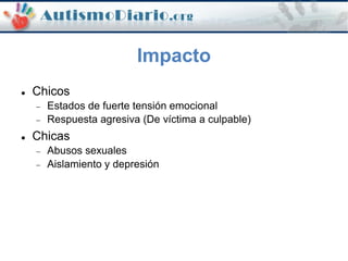 Impacto
 Chicos
 Estados de fuerte tensión emocional
 Respuesta agresiva (De víctima a culpable)
 Chicas
 Abusos sexuales
 Aislamiento y depresión
 