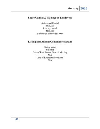 storesay 2016
40
Share Capital & Number of Employees
Authorised Capital
₹500,000
Paid up capital
₹100,000
Number of Employees 100+
Listing and Annual Compliance Details
Listing status
Unlisted
Date of Last Annual General Meeting
N/A
Date of Latest Balance Sheet
N/A
 