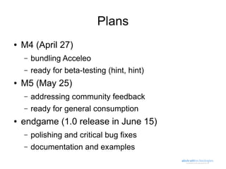 Plans
●   M4 (April 27)
    –   bundling Acceleo
    –   ready for beta-testing (hint, hint)
●   M5 (May 25)
    –   addressing community feedback
    –   ready for general consumption
●   endgame (1.0 release in June 15)
    –   polishing and critical bug fixes
    –   documentation and examples
 