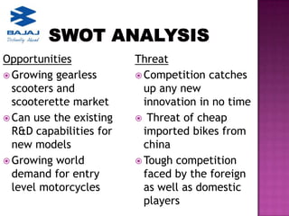 Opportunities            Threat
 Growing gearless        Competition catches
  scooters and             up any new
  scooterette market       innovation in no time
 Can use the existing    Threat of cheap
  R&D capabilities for     imported bikes from
  new models               china
 Growing world           Tough competition
  demand for entry         faced by the foreign
  level motorcycles        as well as domestic
                           players
 