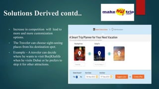 Solutions Derived contd..
• Increase in competition will lead to
more and more customization
options.
• The Traveler can choose sight-seeing
places from his destination spot.
• Example – A traveler can decide
where he wants to visit BurjKhalifa
when he visits Dubai or he prefers to
skip it for other attractions.
 