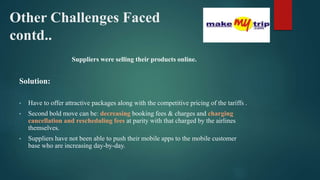 Other Challenges Faced
contd..
Suppliers were selling their products online.
Solution:
• Have to offer attractive packages along with the competitive pricing of the tariffs .
• Second bold move can be: decreasing booking fees & charges and charging
cancellation and rescheduling fees at parity with that charged by the airlines
themselves.
• Suppliers have not been able to push their mobile apps to the mobile customer
base who are increasing day-by-day.
 