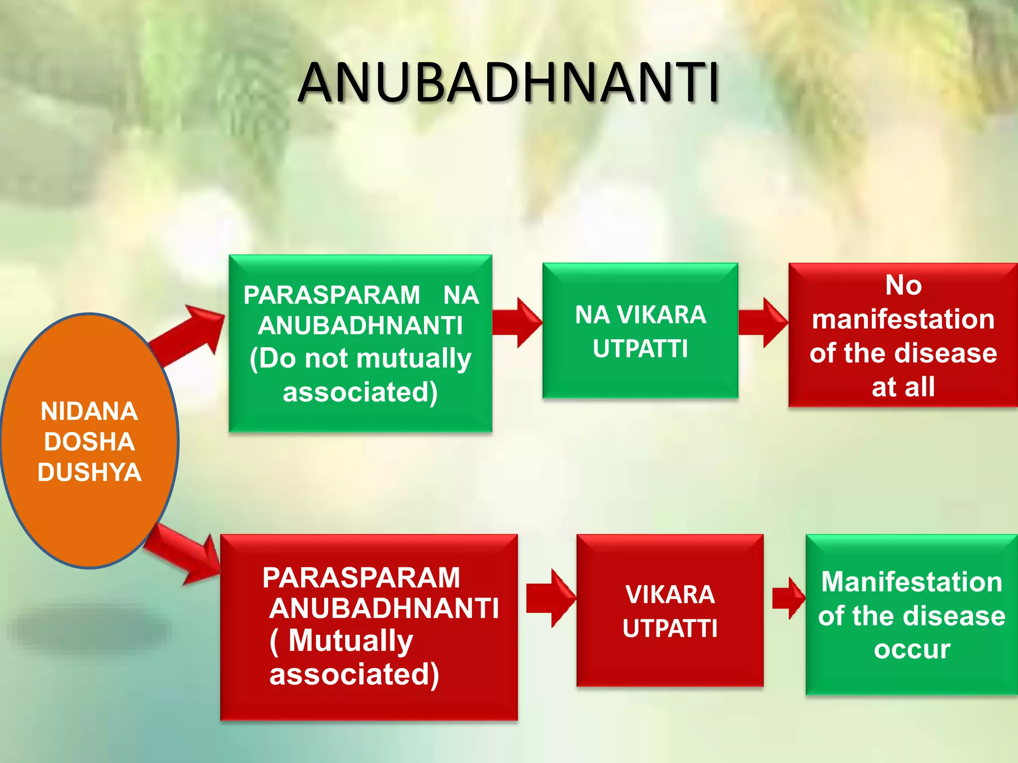 ANUBADHNANTI
PARASPARAM
ANUBADHNANTI
( Mutually
associated)
NIDANA
DOSHA
DUSHYA
PARASPARAM NA
ANUBADHNANTI
(Do not mutually
associated)
NA VIKARA
UTPATTI
VIKARA
UTPATTI
No
manifestation
of the disease
at all
Manifestation
of the disease
occur
 