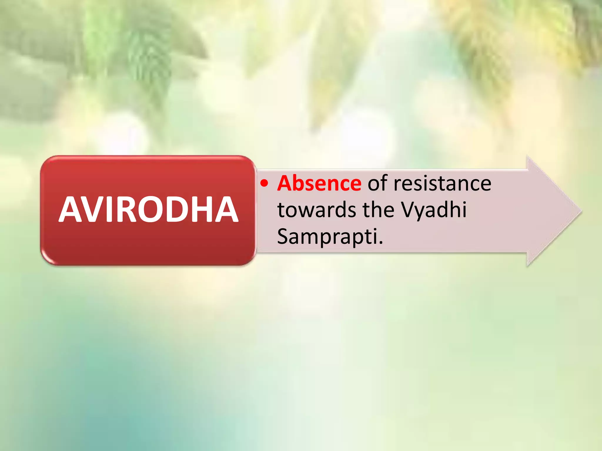 • Absence of resistance
towards the Vyadhi
Samprapti.
AVIRODHA
 