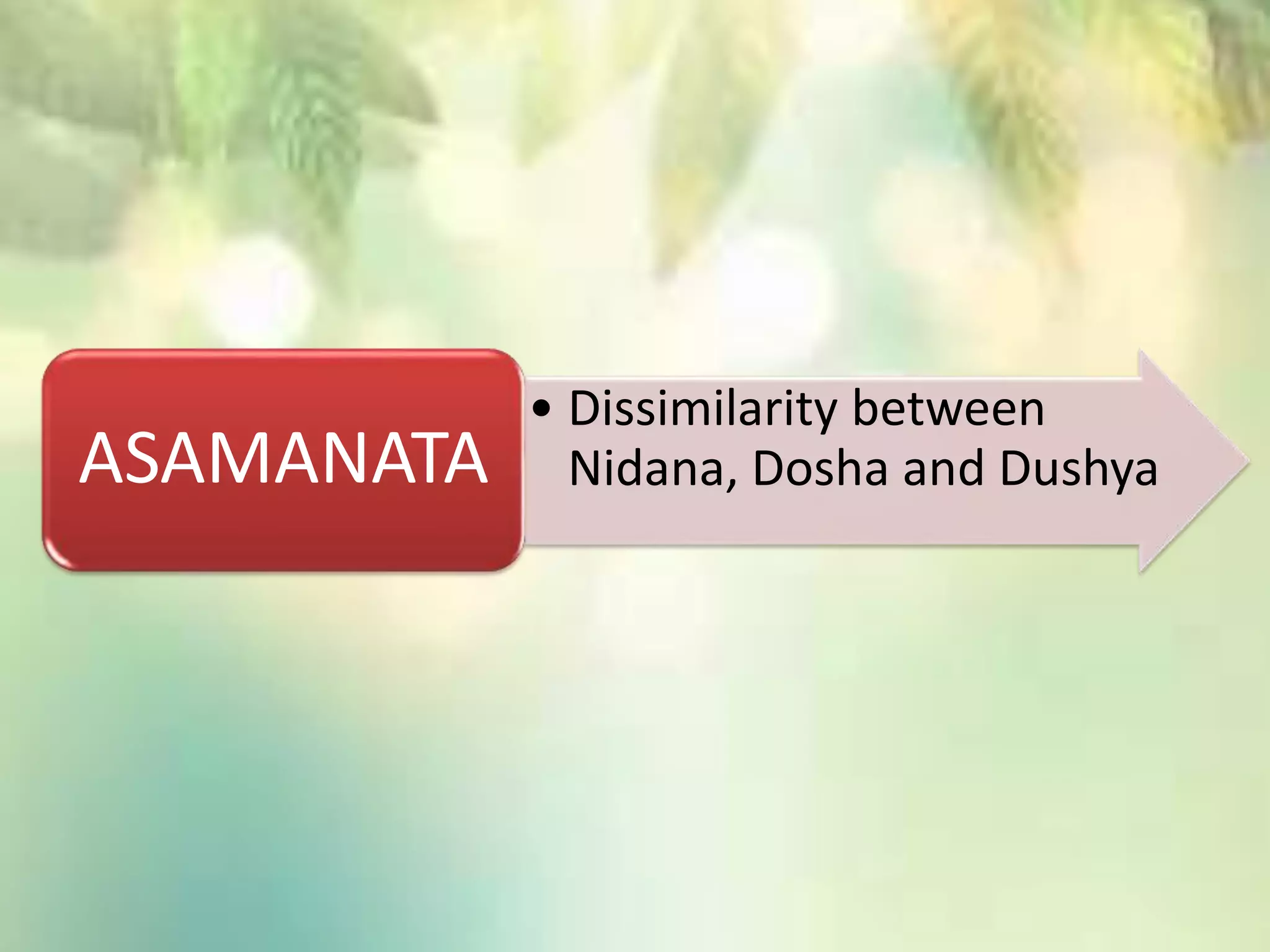 • Dissimilarity between
Nidana, Dosha and DushyaASAMANATA
 