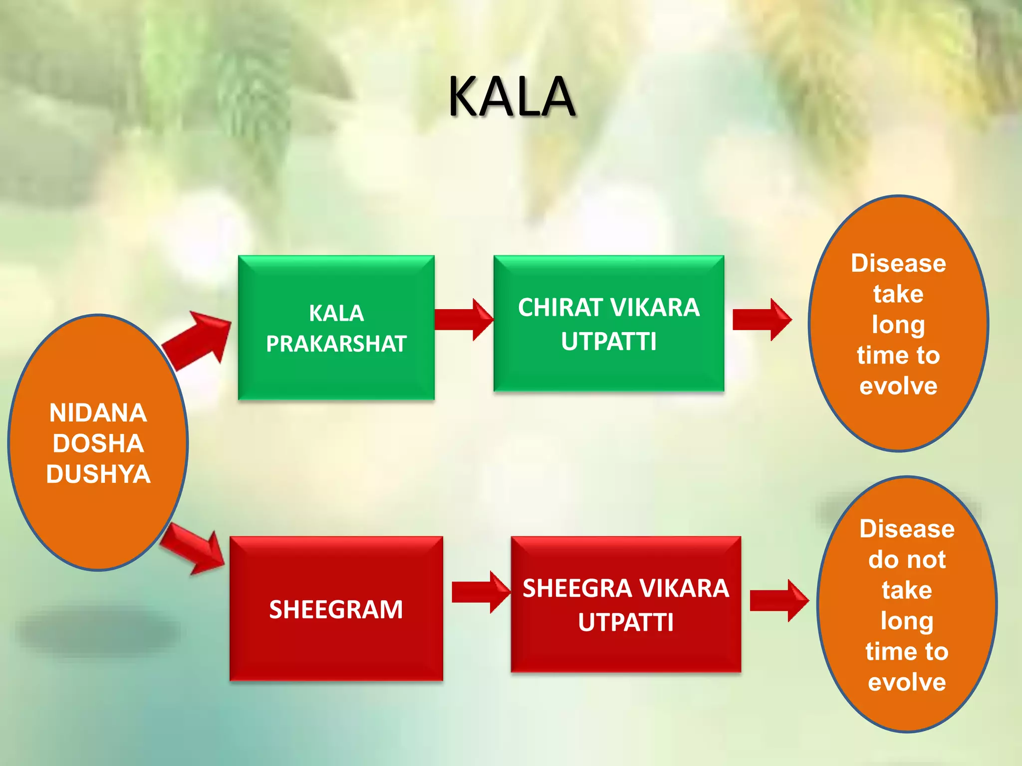 KALA
SHEEGRAM
NIDANA
DOSHA
DUSHYA
KALA
PRAKARSHAT
CHIRAT VIKARA
UTPATTI
SHEEGRA VIKARA
UTPATTI
Disease
take
long
time to
evolve
Disease
do not
take
long
time to
evolve
 