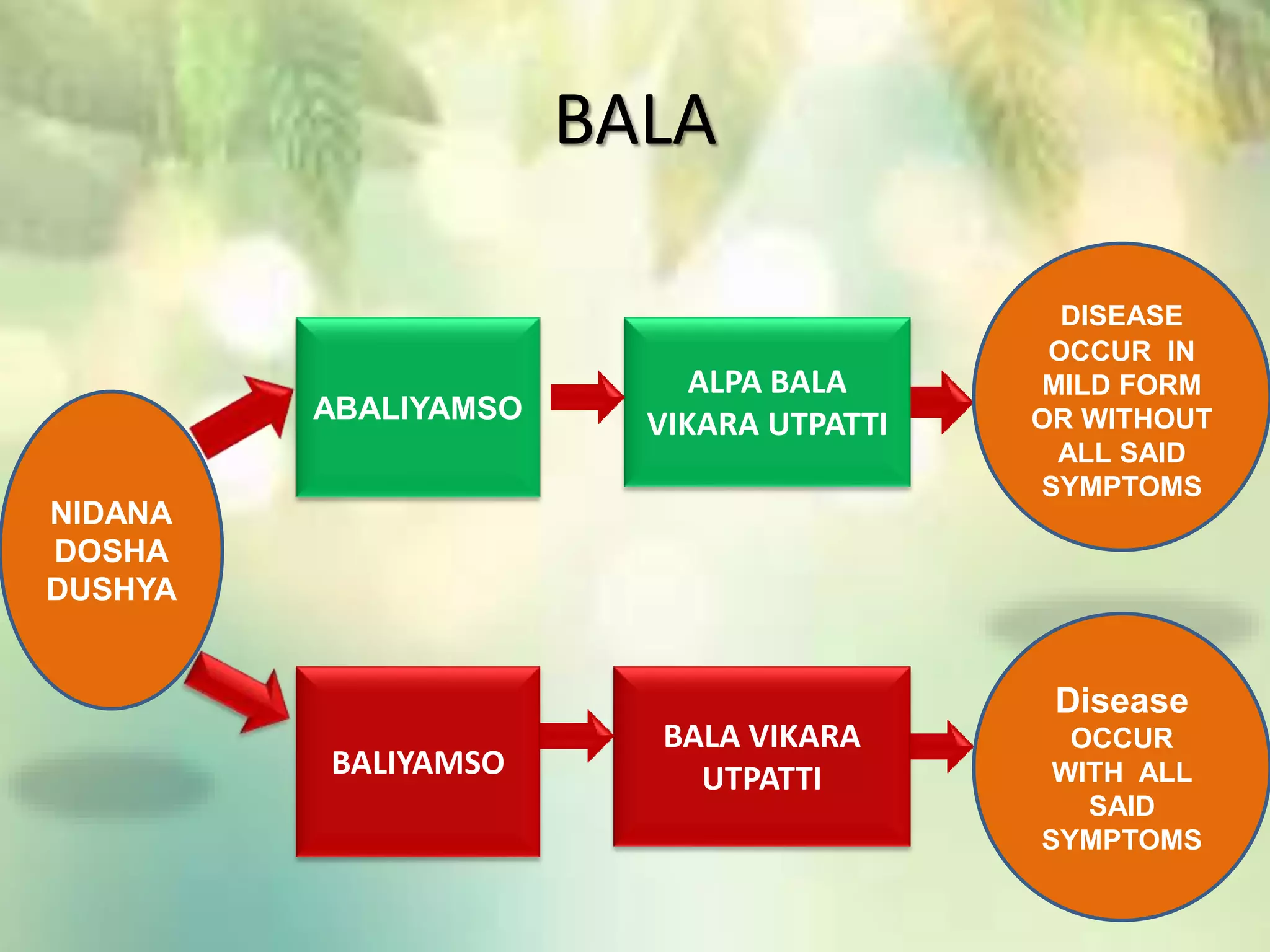 BALA
BALIYAMSO
NIDANA
DOSHA
DUSHYA
ABALIYAMSO
ALPA BALA
VIKARA UTPATTI
BALA VIKARA
UTPATTI
DISEASE
OCCUR IN
MILD FORM
OR WITHOUT
ALL SAID
SYMPTOMS
Disease
OCCUR
WITH ALL
SAID
SYMPTOMS
 