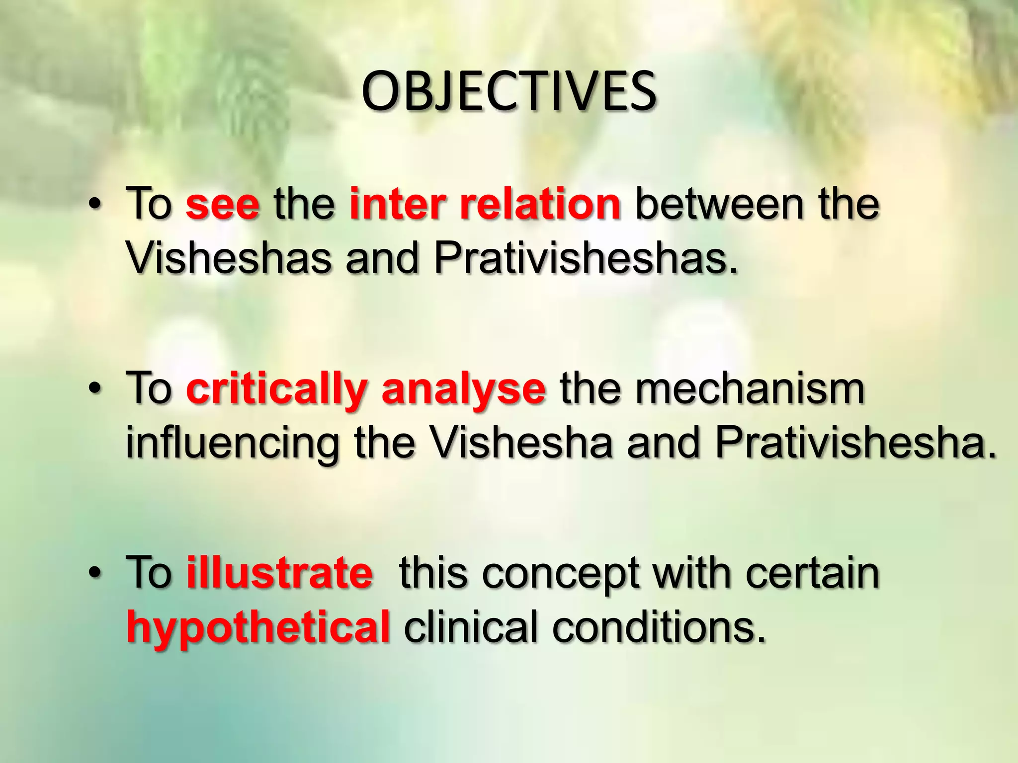 OBJECTIVES
• To see the inter relation between the
Visheshas and Prativisheshas.
• To critically analyse the mechanism
influencing the Vishesha and Prativishesha.
• To illustrate this concept with certain
hypothetical clinical conditions.
 