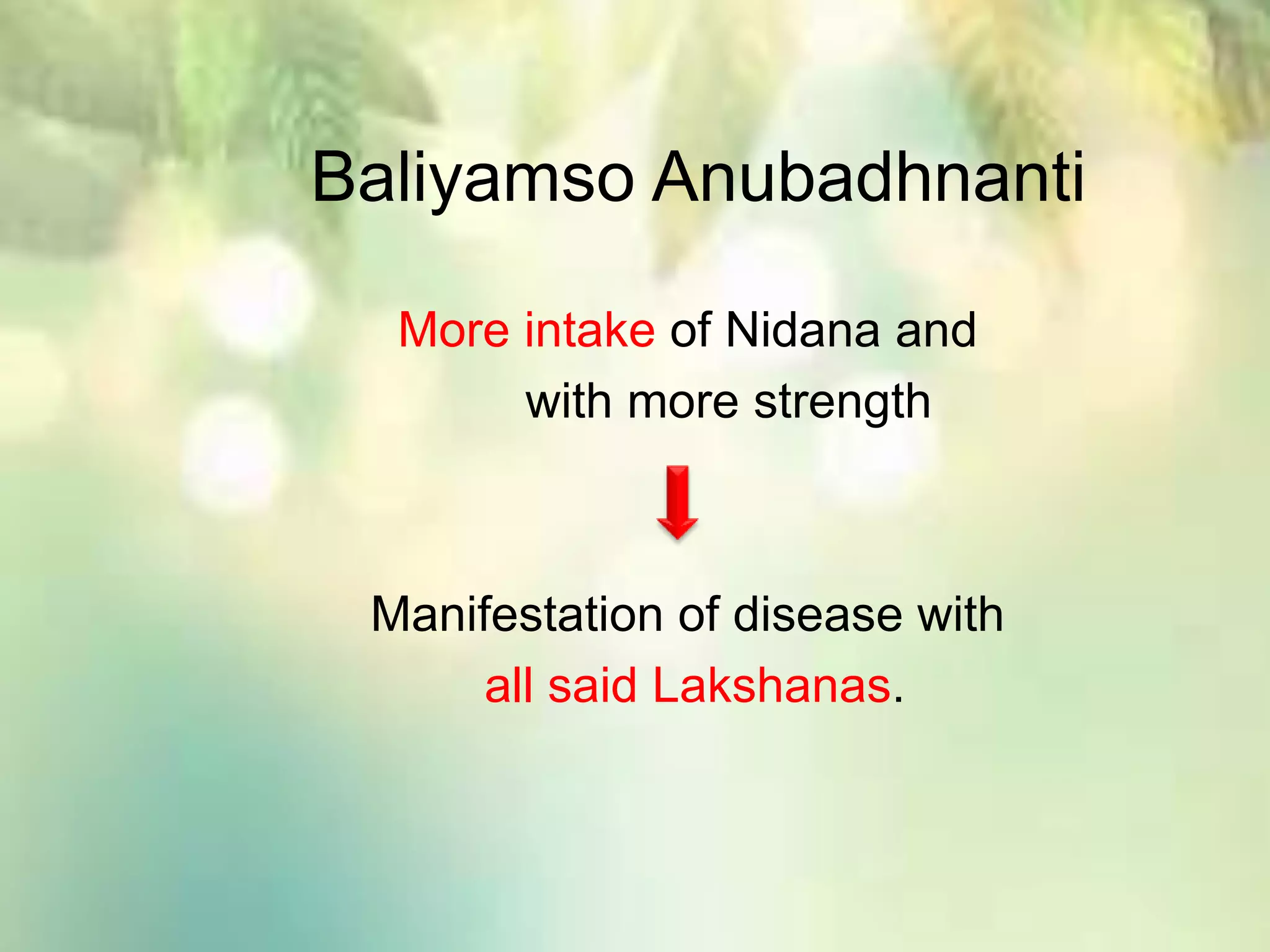 Baliyamso Anubadhnanti
More intake of Nidana and
with more strength
Manifestation of disease with
all said Lakshanas.
 