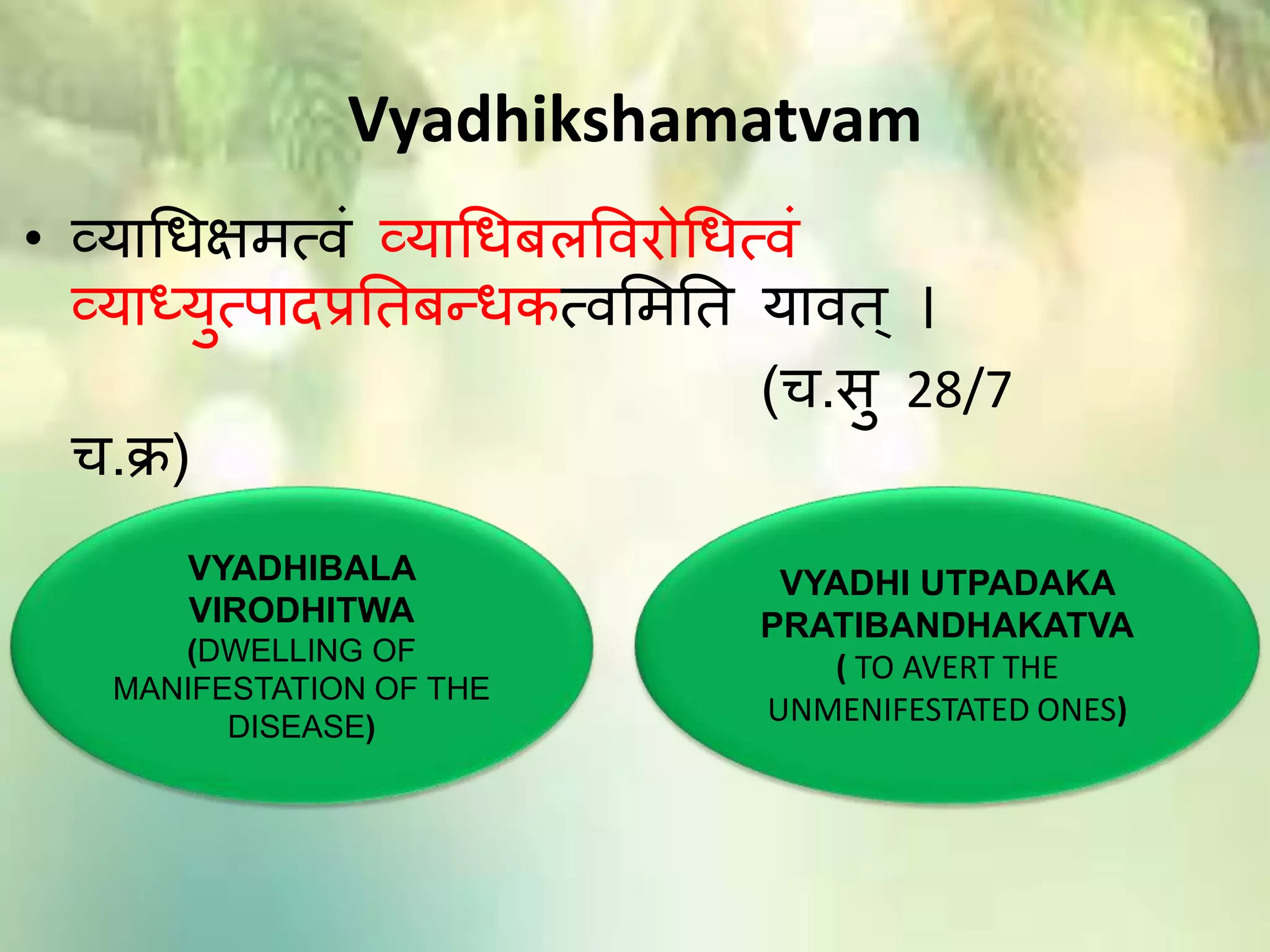 Vyadhikshamatvam
• व्याथधक्षित्िां व्याथधबिविरोथधत्िां
व्याध्युत्पादप्रततबन्धकत्िमितत याित् ।
(च.सु 28/7
च.क्र)
VYADHIBALA
VIRODHITWA
(DWELLING OF
MANIFESTATION OF THE
DISEASE)
VYADHI UTPADAKA
PRATIBANDHAKATVA
( TO AVERT THE
UNMENIFESTATED ONES)
 