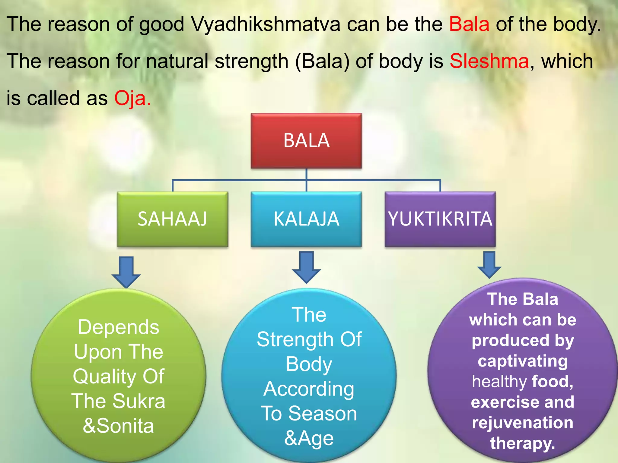 BALA
SAHAAJ KALAJA YUKTIKRITA
Depends
Upon The
Quality Of
The Sukra
&Sonita
The
Strength Of
Body
According
To Season
&Age
The Bala
which can be
produced by
captivating
healthy food,
exercise and
rejuvenation
therapy.
The reason of good Vyadhikshmatva can be the Bala of the body.
The reason for natural strength (Bala) of body is Sleshma, which
is called as Oja.
 