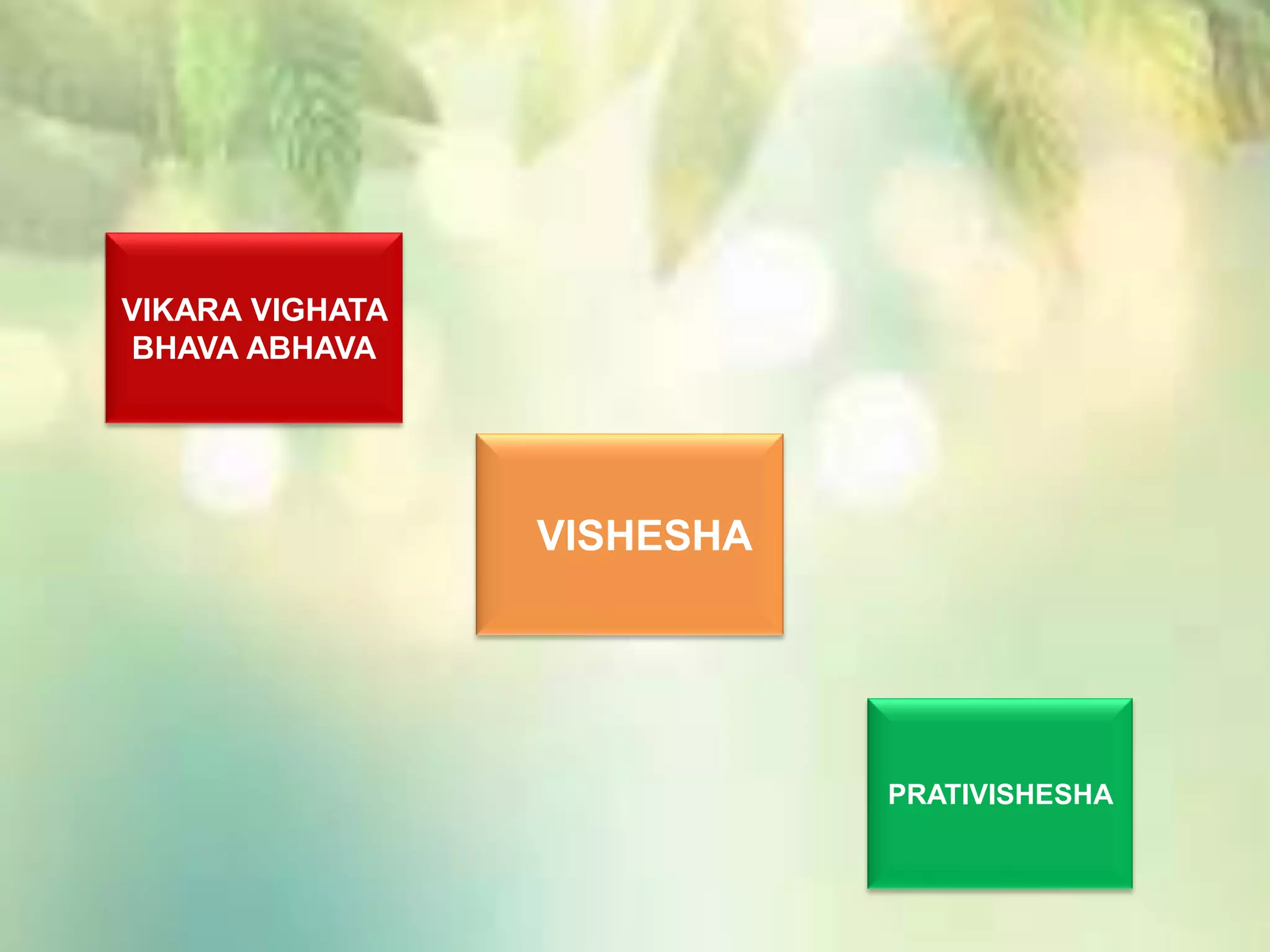 VISHESHA
VIKARA VIGHATA
BHAVA ABHAVA
PRATIVISHESHA
 