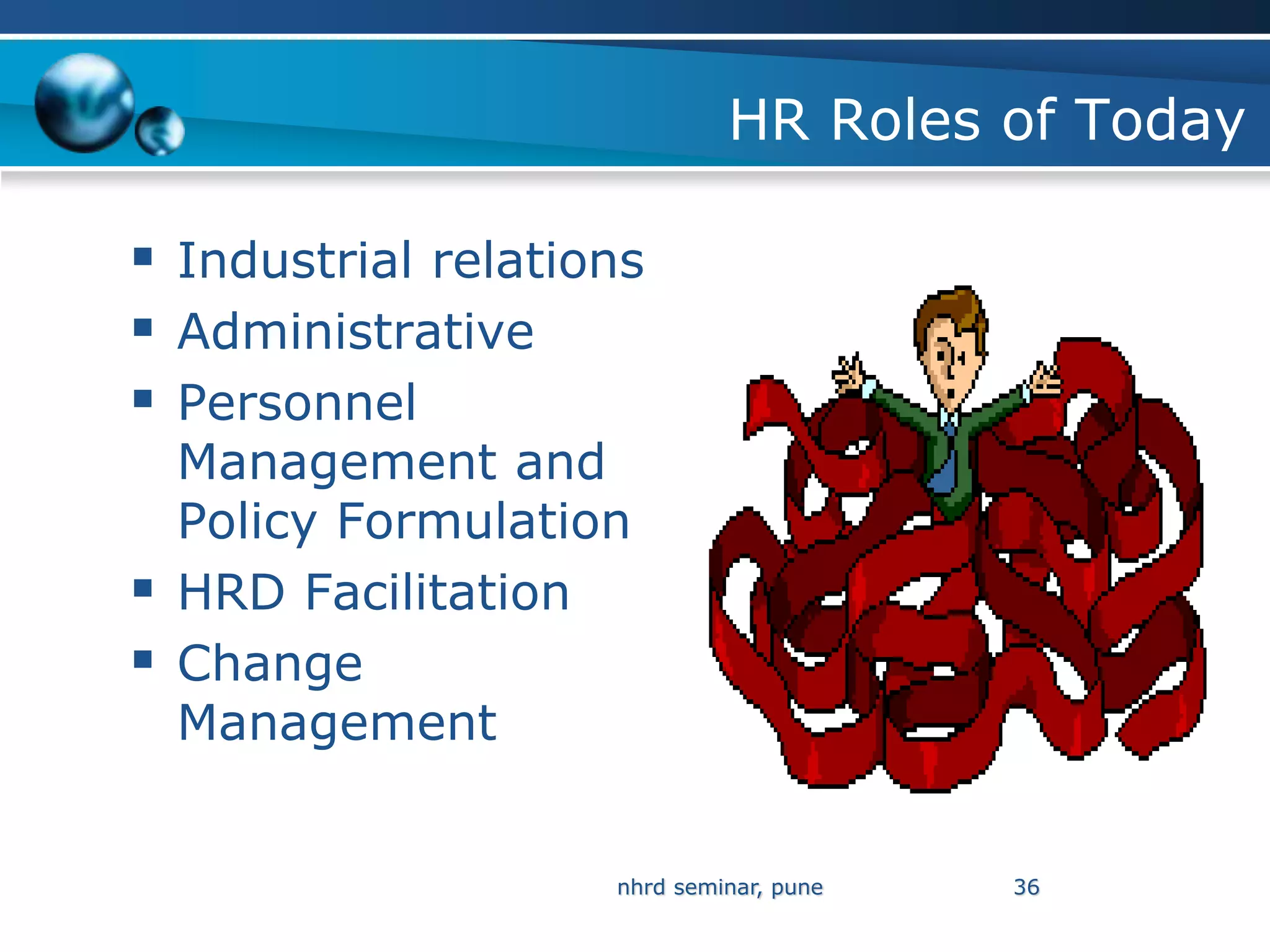 HR Roles of Today

 Industrial relations
 Administrative
 Personnel
    Management and
    Policy Formulation
   HRD Facilitation
   Change
    Management


                     nhrd seminar, pune   36
 