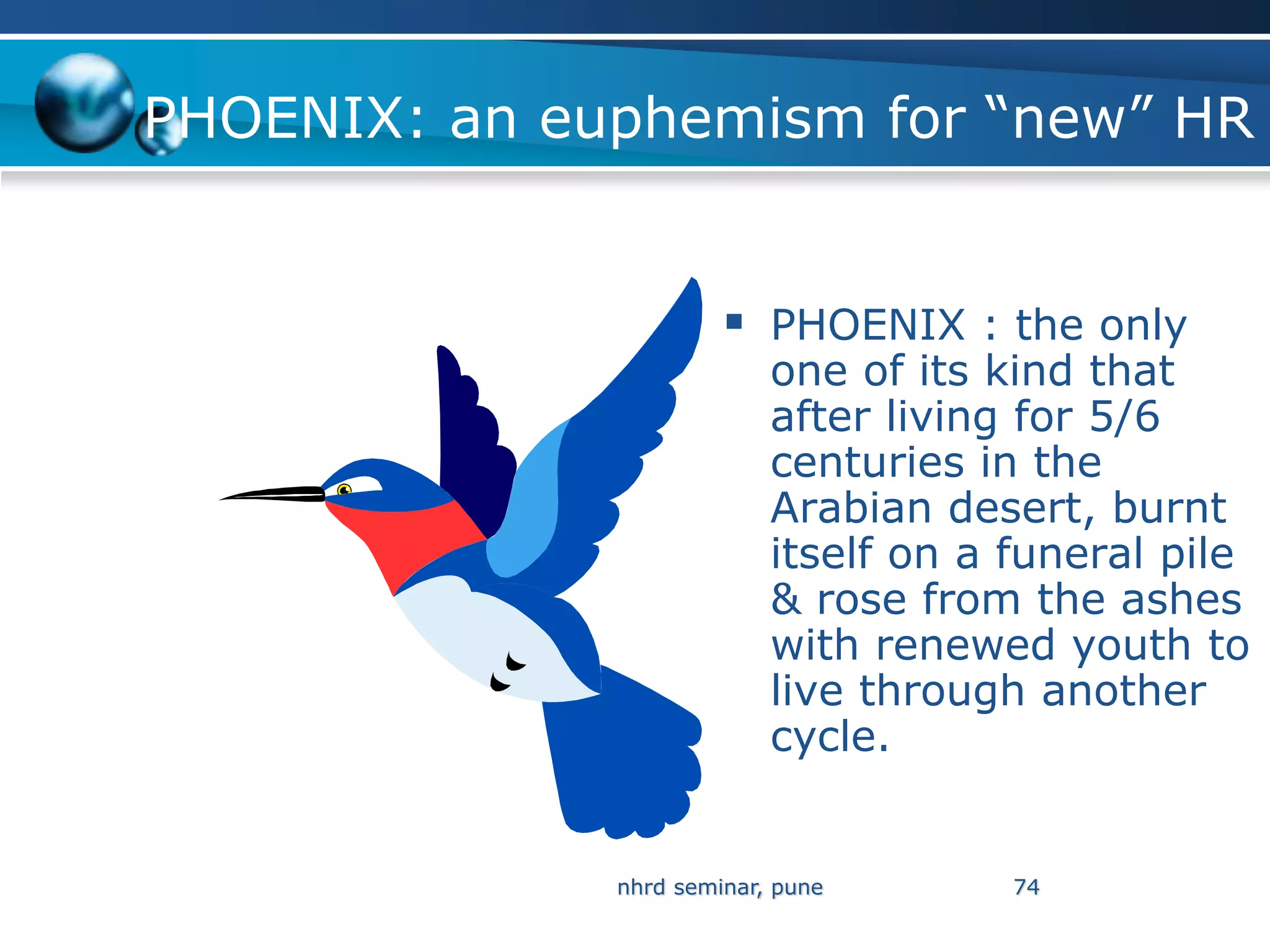 PHOENIX: an euphemism for “new” HR


                        PHOENIX : the only
                           one of its kind that
                           after living for 5/6
                           centuries in the
                           Arabian desert, burnt
                           itself on a funeral pile
                           & rose from the ashes
                           with renewed youth to
                           live through another
                           cycle.


              nhrd seminar, pune       74
 
