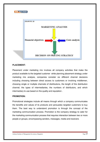 PLACEMENT:
Placement under marketing mix involves all company activities that make the
product available to the targeted customer while planning placement strategy under
marketing mix analysis, companies consider six different channel decisions
including choosing between direct access to customers or involving middlemen,
choosing single or multiple channels of distributions, the length of the distribution
channel, the types of intermediaries, the numbers of distributors, and which
intermediary to use based on the quality and reputation .
PROMOTION:
Promotional strategies include all means through which a company communicates
the benefits and values of its products and persuades targeted customers to buy
them. The best way to understand promotion is through the concept of the
marketing communication process. Promotion is the company strategy to cater for
the marketing communication process that requires interaction between two or more
people or groups, encompassing senders, messages, media and receivers
Acharya Institute of Management  sciences, Bangalore Page 27
 