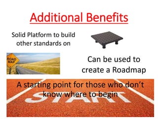 Additional Benefits
Solid Platform to build
other standards on
Can be used to
create a Roadmap
A starting point for those who don’t
know where to begin
 