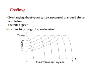  By changing the frequency we can control the speed above
and below
the rated speed.
 It offers high range of speedcontrol.
9
 