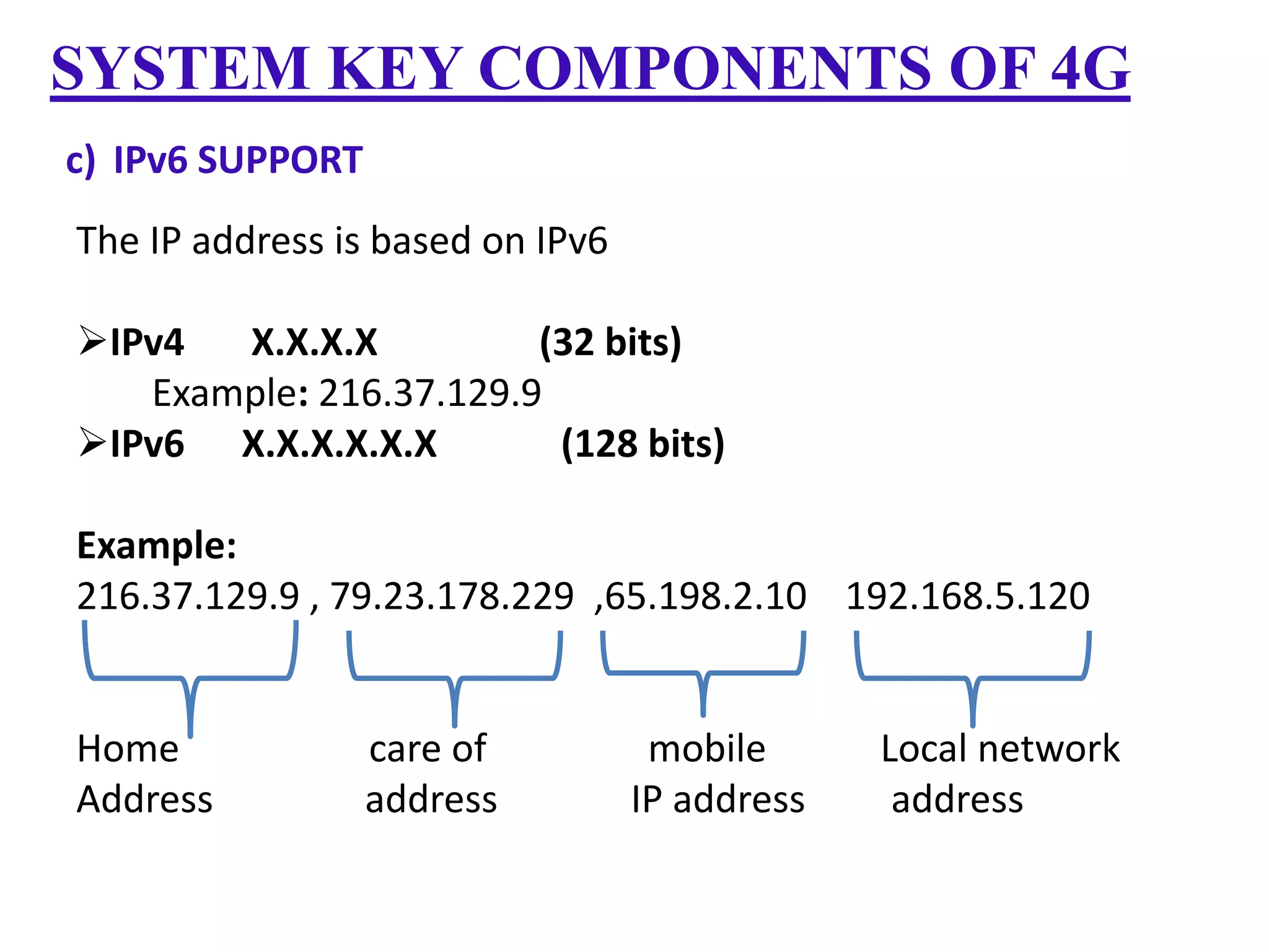 SYSTEM KEY COMPONENTS OF 4G
c) IPv6 SUPPORT

The IP address is based on IPv6
IPv4
X.X.X.X
(32 bits)
Example: 216.37.129.9
IPv6 X.X.X.X.X.X
(128 bits)
Example:
216.37.129.9 , 79.23.178.229 ,65.198.2.10 192.168.5.120

Home
Address

care of
address

mobile
IP address

Local network
address

 
