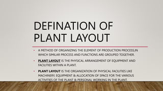 DEFINATION OF
PLANT LAYOUT
• A METHOD OF ORGANIZING THE ELEMENT OF PRODUCTION PROCESS,IN
WHICH SIMILAR PROCESS AND FUNCTIONS ARE GROUPED TOGETHER.
• PLANT LAYOUT IS THE PHYSICAL ARRANGEMENT OF EQUIPMENT AND
FACILITIES WITHIN A PLANT.
• PLANT LAYOUT IS THE ORGANIZATION OF PHYSICAL FACILITIES LIKE
MACHINERY, EQUIPMENT & ALLOCATION OF SPACE FOR THE VARIOUS
ACTIVITIES OF THE PLANT & PERSONAL WORKING IN THE PLANT.
 
