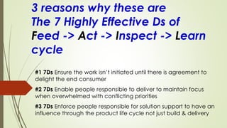 3 reasons why these are
The 7 Highly Effective Ds of
Feed -> Act -> Inspect -> Learn
cycle
#1 7Ds Ensure the work isn’t initiated until there is agreement to
delight the end consumer
#2 7Ds Enable people responsible to deliver to maintain focus
when overwhelmed with conflicting priorities
#3 7Ds Enforce people responsible for solution support to have an
influence through the product life cycle not just build & delivery
 