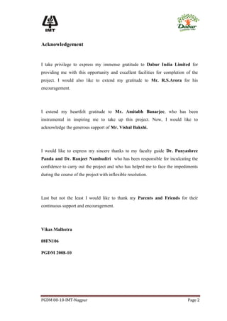 Acknowledgement


I take privilege to express my immense gratitude to Dabur India Limited for
providing me with this opportunity and excellent facilities for completion of the
project. I would also like to extend my gratitude to Mr. R.S.Arora for his
encouragement.




I extend my heartfelt gratitude to Mr. Amitabh Banarjee, who has been
instrumental in inspiring me to take up this project. Now, I would like to
acknowledge the generous support of Mr. Vishal Bakshi.




I would like to express my sincere thanks to my faculty guide Dr. Punyashree
Panda and Dr. Ranjeet Nambudiri who has been responsible for inculcating the
confidence to carry out the project and who has helped me to face the impediments
during the course of the project with inflexible resolution.




Last but not the least I would like to thank my Parents and Friends for their
continuous support and encouragement.




Vikas Malhotra

08FN106

PGDM 2008-10




PGDM 08-10-IMT-Nagpur                                                      Page 2
 
