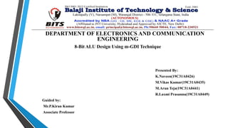 DEPARTMENT OF ELECTRONICS AND COMMUNICATION
ENGINEERING
8-Bit ALU Design Using m-GDI Technique
Presented By:
K.Naveen(19C31A0426)
M.Vikas Kumar(19C31A0435)
M.Arun Teja(19C31A0441)
R.Laxmi Prasanna(19C31A0449)
Guided by:
Mr.P.Kiran Kumar
Associate Professor
 