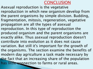 CONCLUSION
Asexual reproduction is the vegetative
reproduction in which new organism develop from
the parent organisms by simple division. Budding,
fragmentation, mitosis, regeneration, vegetative
propagation are all the types of asexual
reproduction. In this type of reproduction the
produced organism and the parent organisms are
exactly alike. Thus asexual reproduction doesn't
contribute into evolution as it does not cause
variation. But still it's important for the growth of
the organisms. The section examine the benefits of
modern day agriculture a task made necessary by
the fact that an increasing share of the population
has little connection to farms or rural areas.
 
