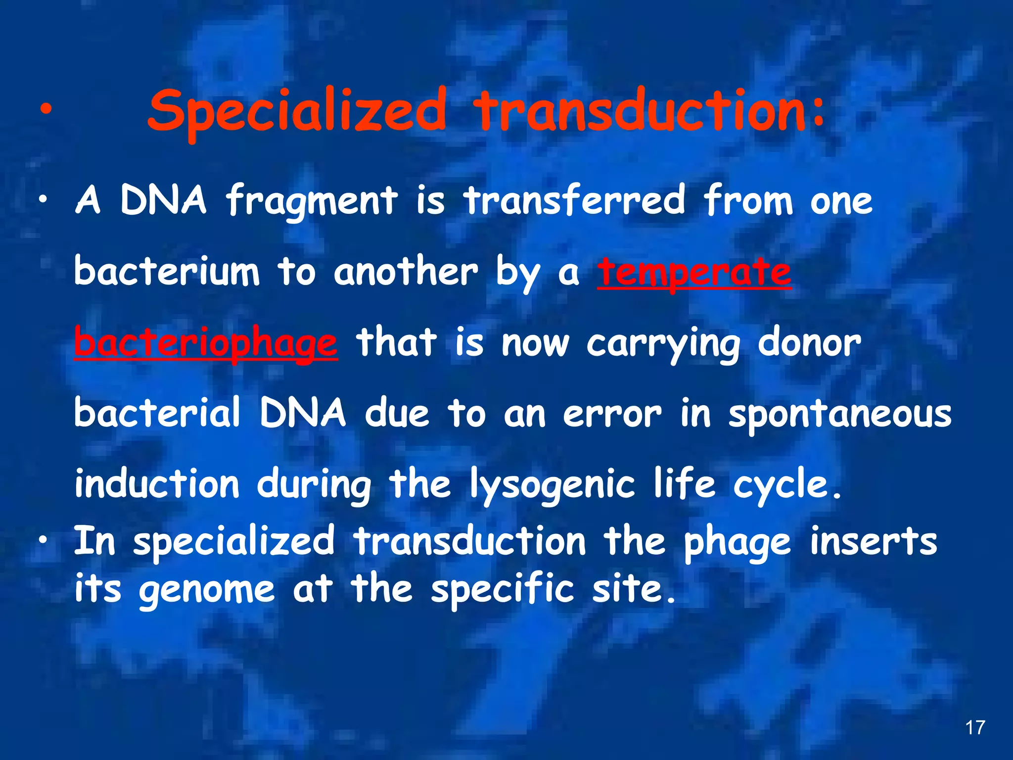 • Specialized transduction:
• A DNA fragment is transferred from one
bacterium to another by a temperate
bacteriophage that is now carrying donor
bacterial DNA due to an error in spontaneous
induction during the lysogenic life cycle.
• In specialized transduction the phage inserts
its genome at the specific site.
17
 