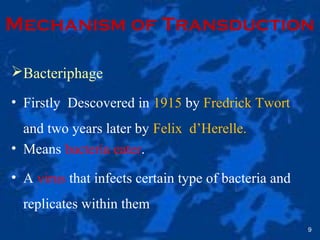 9
Mechanism of Transduction
Bacteriphage
• Firstly Descovered in 1915 by Fredrick Twort
and two years later by Felix d’Herelle.
• Means bacteria eater.
• A virus that infects certain type of bacteria and
replicates within them
 