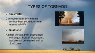 TYPES OF TORNADO
 Firewhirls:
Can occur near any intense
surface heat source, or near
intense wildlife
 Gustnado:
A small vertical swirl associated
with a gust front or downburst,
that are not connected with a
cloud base
 