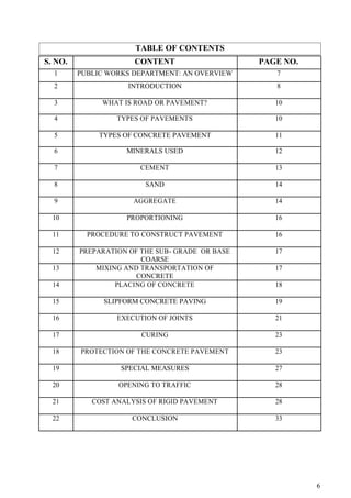 6
TABLE OF CONTENTS
S. NO. CONTENT PAGE NO.
1 PUBLIC WORKS DEPARTMENT: AN OVERVIEW 7
2 INTRODUCTION 8
3 WHAT IS ROAD OR PAVEMENT? 10
4 TYPES OF PAVEMENTS 10
5 TYPES OF CONCRETE PAVEMENT 11
6 MINERALS USED 12
7 CEMENT 13
8 SAND 14
9 AGGREGATE 14
10 PROPORTIONING 16
11 PROCEDURE TO CONSTRUCT PAVEMENT 16
12 PREPARATION OF THE SUB- GRADE OR BASE 17
COARSE
13 MIXING AND TRANSPORTATION OF 17
CONCRETE
14 PLACING OF CONCRETE 18
15 SLIPFORM CONCRETE PAVING 19
16 EXECUTION OF JOINTS 21
17 CURING 23
18 PROTECTION OF THE CONCRETE PAVEMENT 23
19 SPECIAL MEASURES 27
20 OPENING TO TRAFFIC 28
21 COST ANALYSIS OF RIGID PAVEMENT 28
22 CONCLUSION 33
 