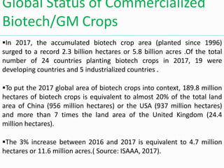 Global Status of Commercialized
Biotech/GM Crops
In 2017, the accumulated biotech crop area (planted since 1996)
surged to a record 2.3 billion hectares or 5.8 billion acres .Of the total
number of 24 countries planting biotech crops in 2017, 19 were
developing countries and 5 industrialized countries .
To put the 2017 global area of biotech crops into context, 189.8 million
hectares of biotech crops is equivalent to almost 20% of the total land
area of China (956 million hectares) or the USA (937 million hectares)
and more than 7 times the land area of the United Kingdom (24.4
million hectares).
The 3% increase between 2016 and 2017 is equivalent to 4.7 million
hectares or 11.6 million acres.( Source: ISAAA, 2017).
 