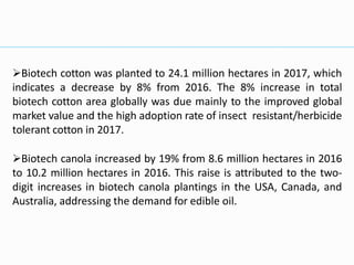 Biotech cotton was planted to 24.1 million hectares in 2017, which
indicates a decrease by 8% from 2016. The 8% increase in total
biotech cotton area globally was due mainly to the improved global
market value and the high adoption rate of insect resistant/herbicide
tolerant cotton in 2017.
Biotech canola increased by 19% from 8.6 million hectares in 2016
to 10.2 million hectares in 2016. This raise is attributed to the two-
digit increases in biotech canola plantings in the USA, Canada, and
Australia, addressing the demand for edible oil.
 